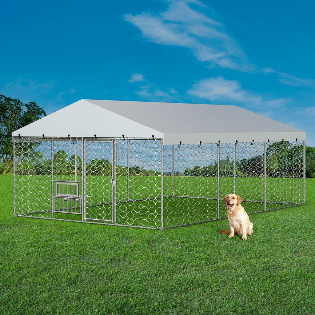 Lyromix 10 x 15FT Outdoor Dog Kennel with Roof & Feeding Bowls, Heavy Duty Galvanized Chain Link Structure, Outdoor Dog Pen with Secure Lock for Yard