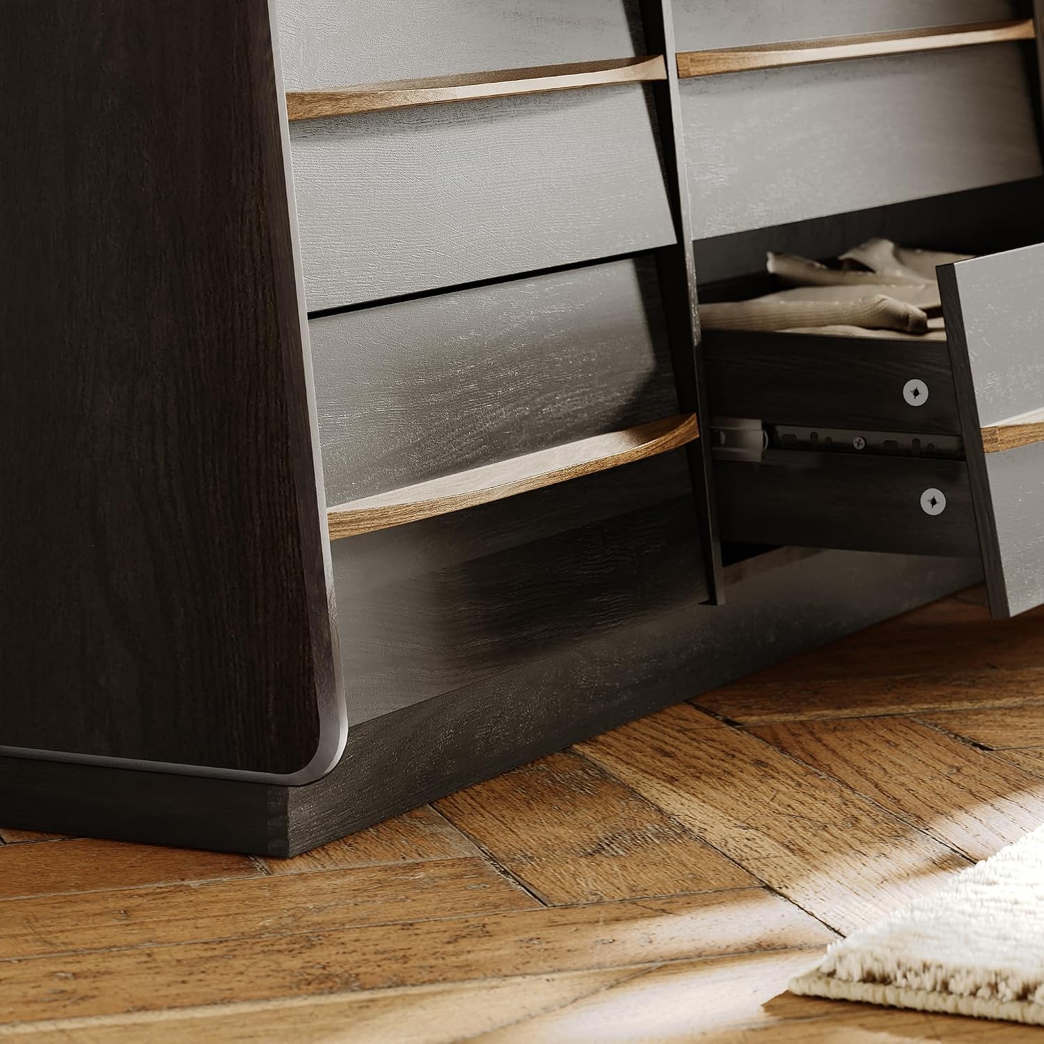 63' W 9-Drawer Black Dresser for Bedroom, Modern Wood Chest of Drawers w/LED Light, Round Knobs & Solid Wood Handles, Long Wooden Dresser TV Stand w/Shelf for TVs up to 75', Curved Profile Design