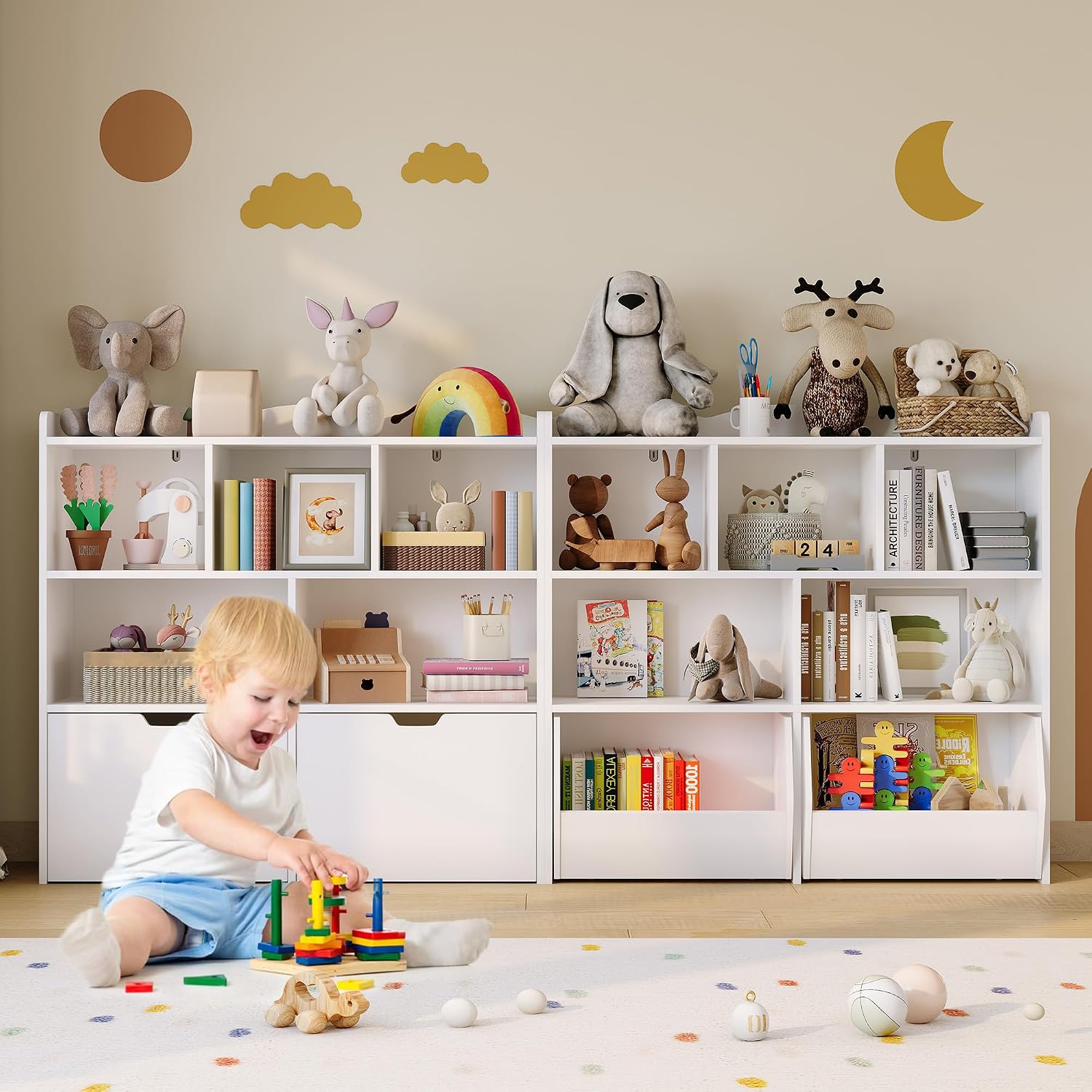 IDEALHOUSE Toy Storage Organizer with Movable Drawers, Kids Bookshelf with Hidden Wheels and 5 Open Cubbies, Multifunctional Storage Cabinet Chest for Playroom