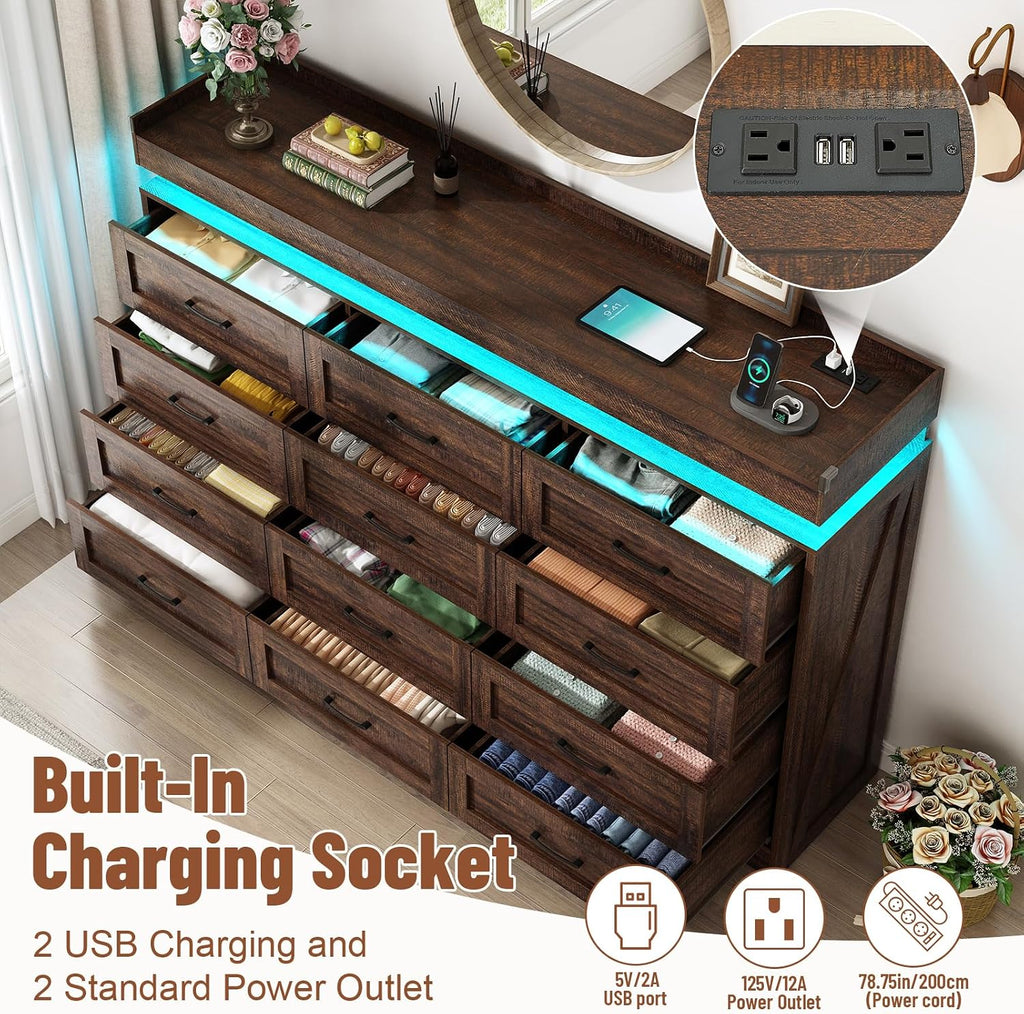 71' Wide 46' Tall Large Farmhouse 12 Drawers Dresser for Bedroom with LED Light and Power Outlets,Wood Rustic 12 Chests of Drawers for Closet,Tall Storage Dresser Organizer for Bedroom(Brown)