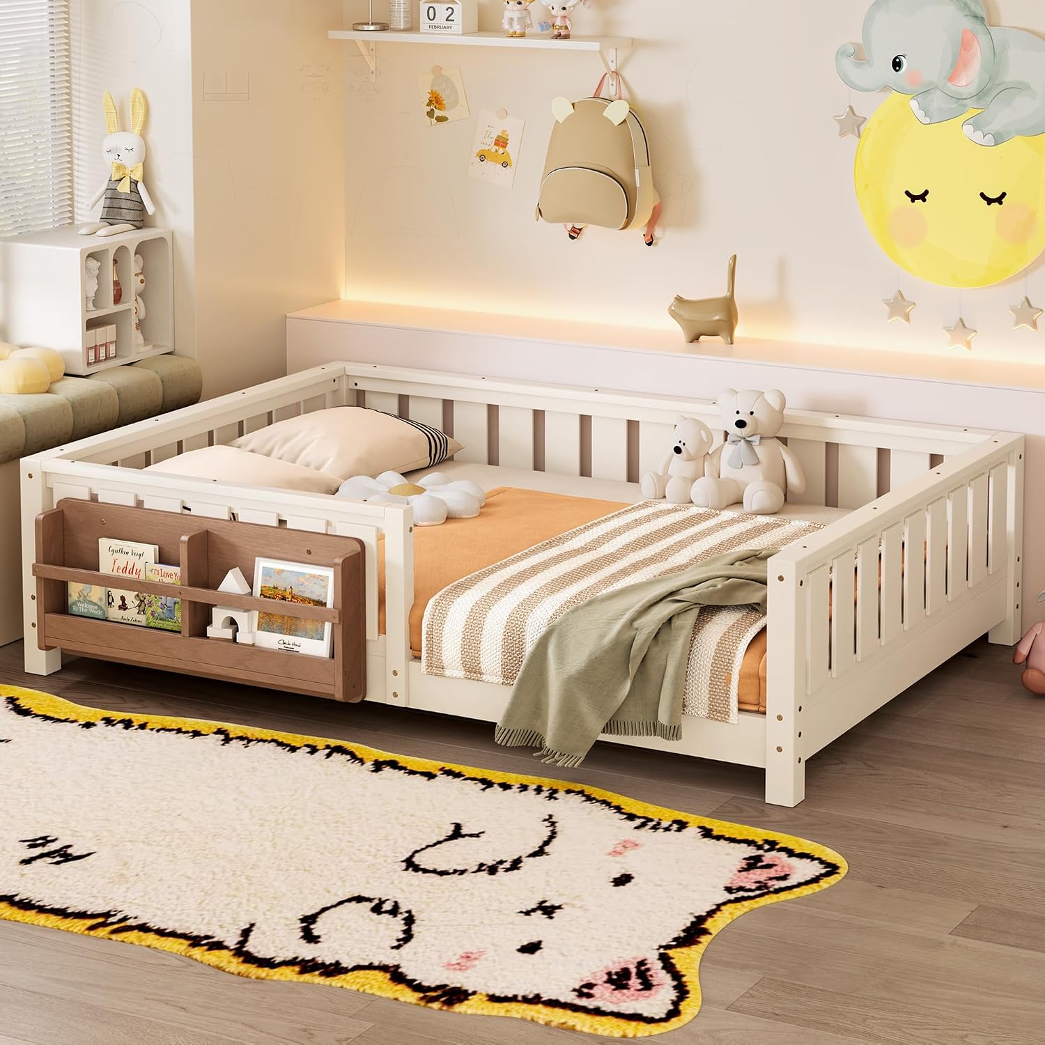 Bellemave Beige Montessori Floor Bed with Fence and Slats, Full Size Montessori Floor Bed with Bookcase and High Rails, Easy Assemble Bed Frame for Girls, Boys, Full