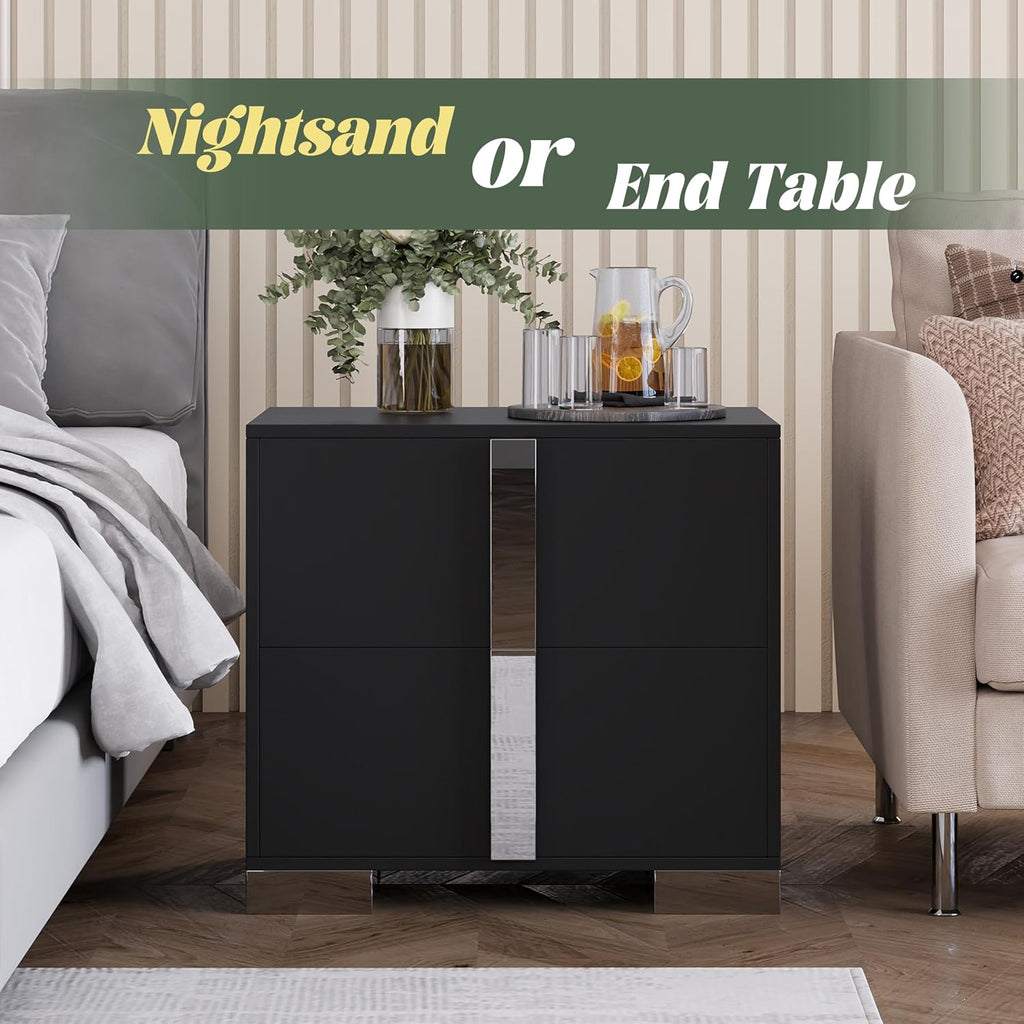 Modern Black Nightstand Set of 2 for Bedroom, Elegant 2 Drawer Nightstand with Silver Mirrored Handle and Base, Wood End Table Sofa Side Table for Living Room Bedroom (Black)