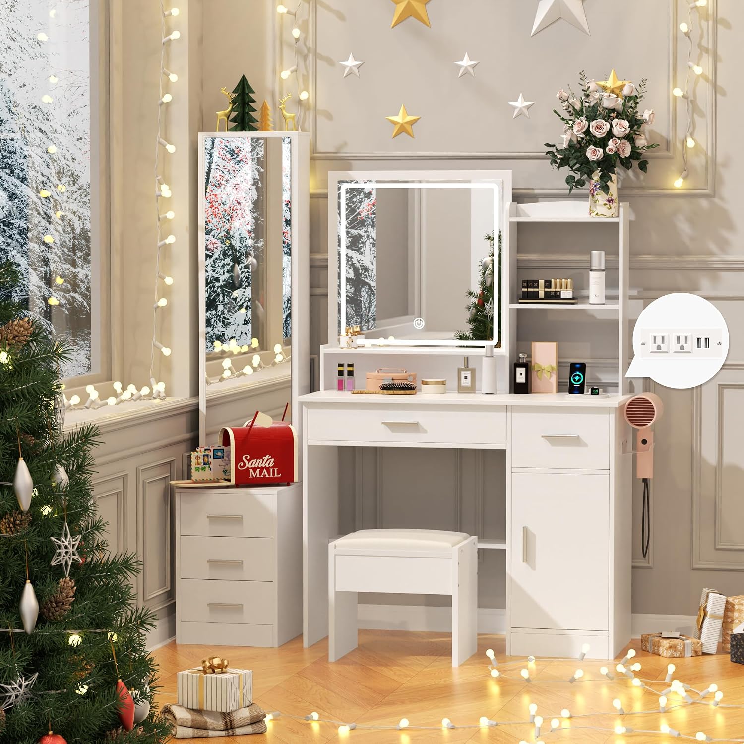 INTERGREAT Makeup Vanity with Lights and Mirror, White Vanity Desk, Dressing Table with Large Drawers, 3 Lighting Modes, Full Length Mirror, Bedroom