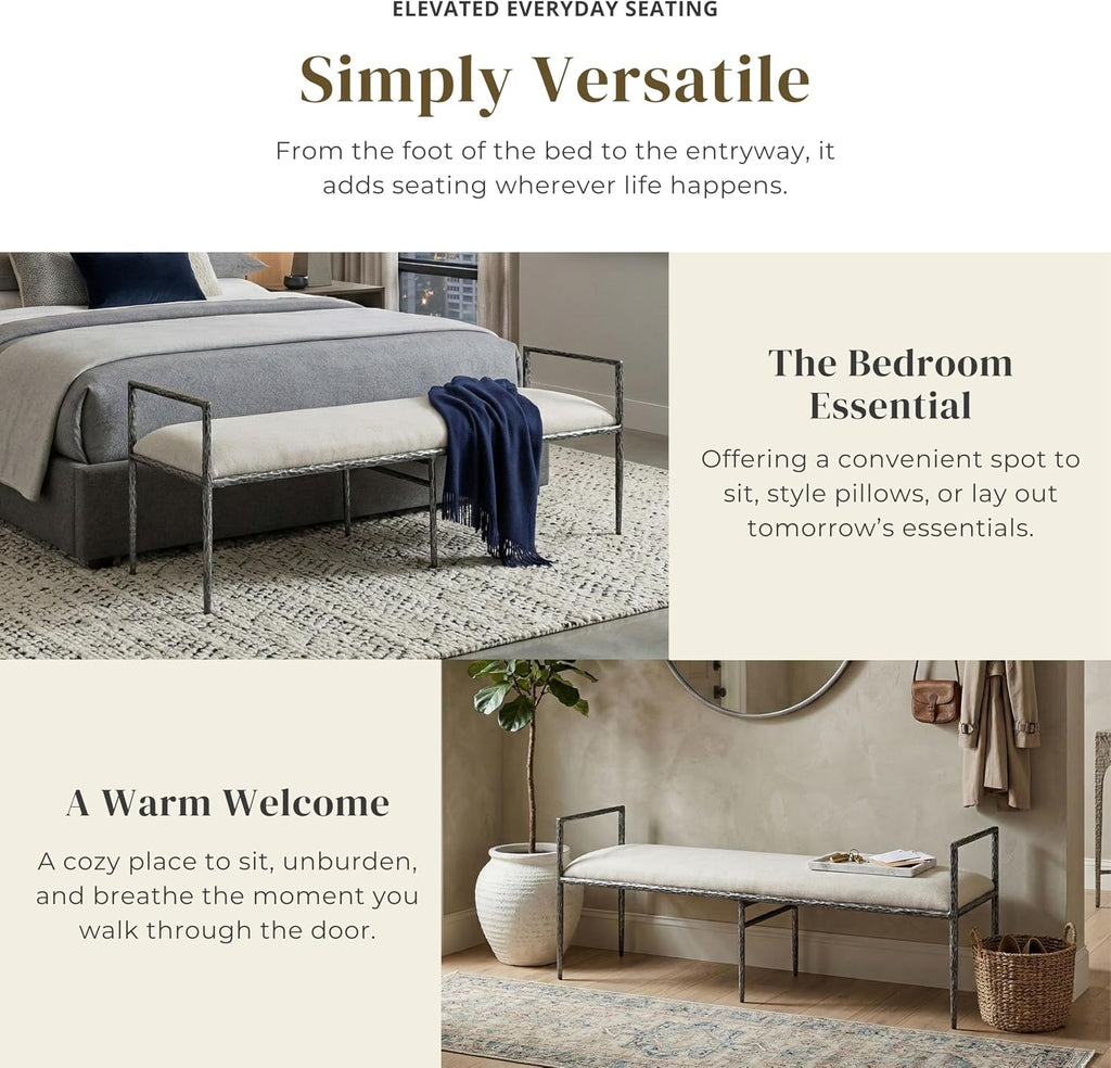 24/7 Shop at Home Lalia Hammered Metal 4-Piece Bedroom Collection, Upholstered Bed Frame with Beige Fabric Headboard, Bench and 1-Shelf Nightstands, Foundation Required, Full, Matte Grey