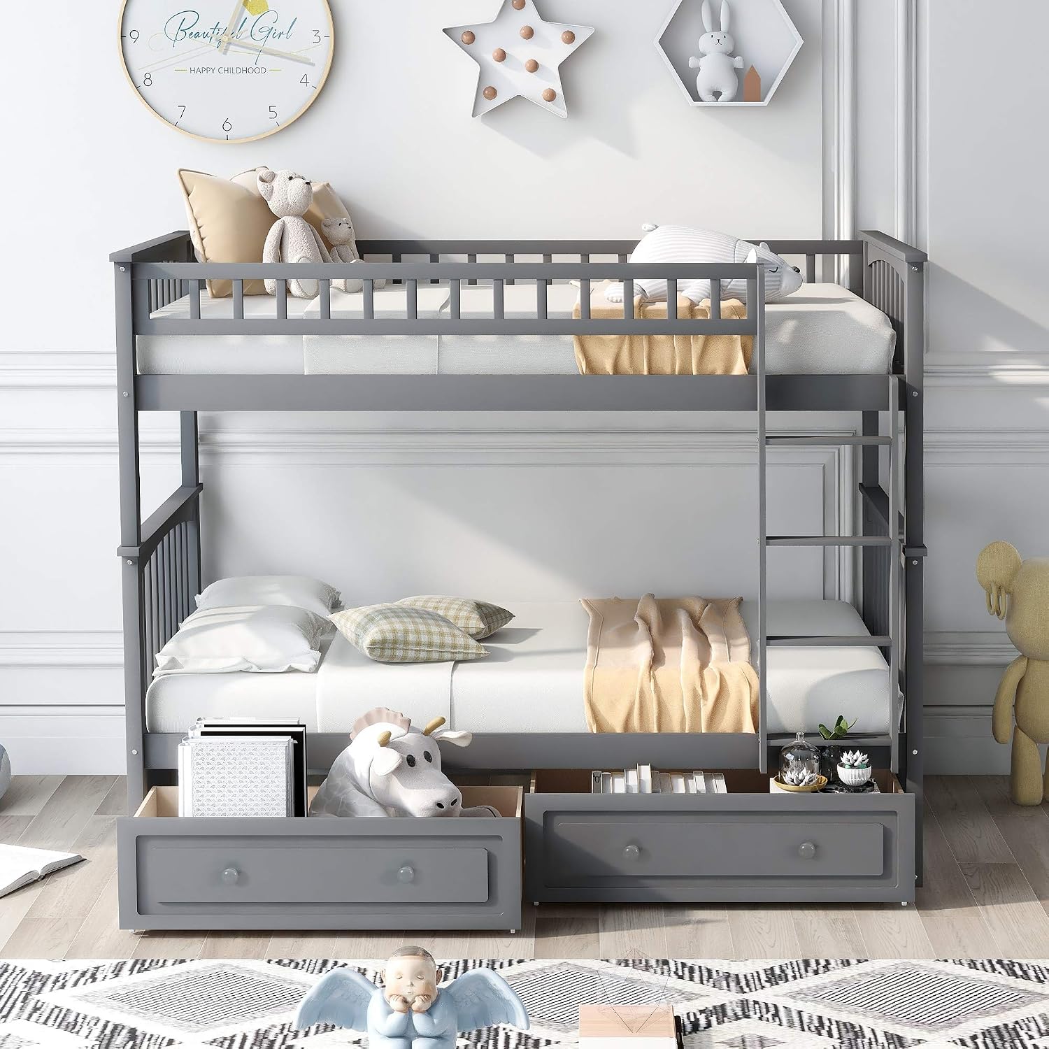 Twin Over Twin Wood Bunk Bed with Two Storage Drawers, Solid Wood Convertible Storage Bunk Bed Can Be Convertible to 2 Beds, Frame with Ladder, Safety Rail for Teens Adults (Gray)