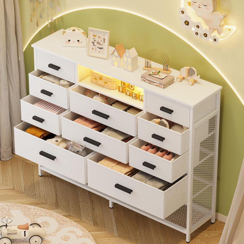 White Dresser for Bedroom, Fabric Chest of Drawers with Charging Station and LED Light, TV Stand Dresser with Shelves for 55' TV, 10 Drawers Dressers with PU Finish for Living Room, Closet