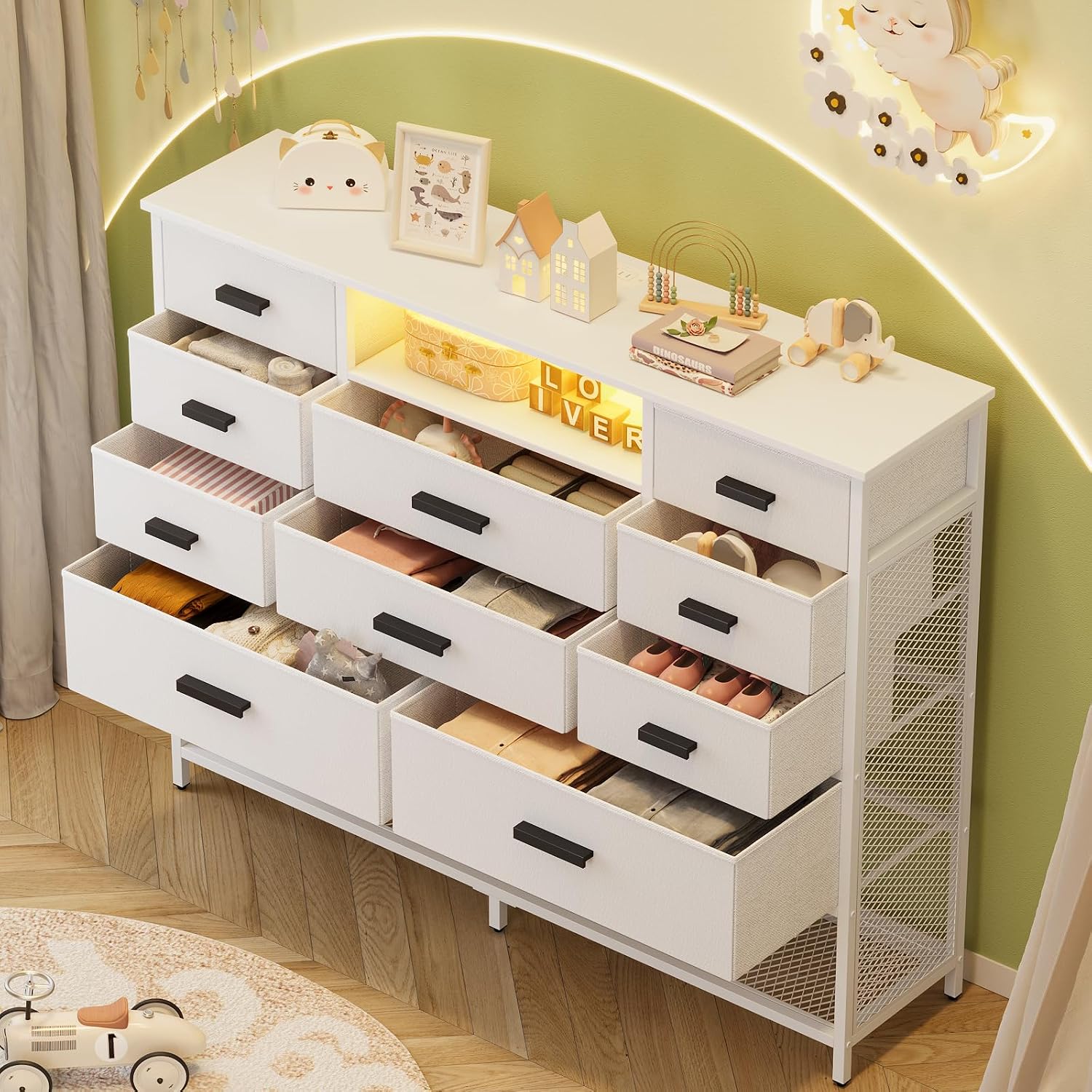White Dresser for Bedroom, Fabric Chest of Drawers with Charging Station and LED Light, TV Stand Dresser with Shelves for 55' TV, 10 Drawers Dressers with PU Finish for Living Room, Closet