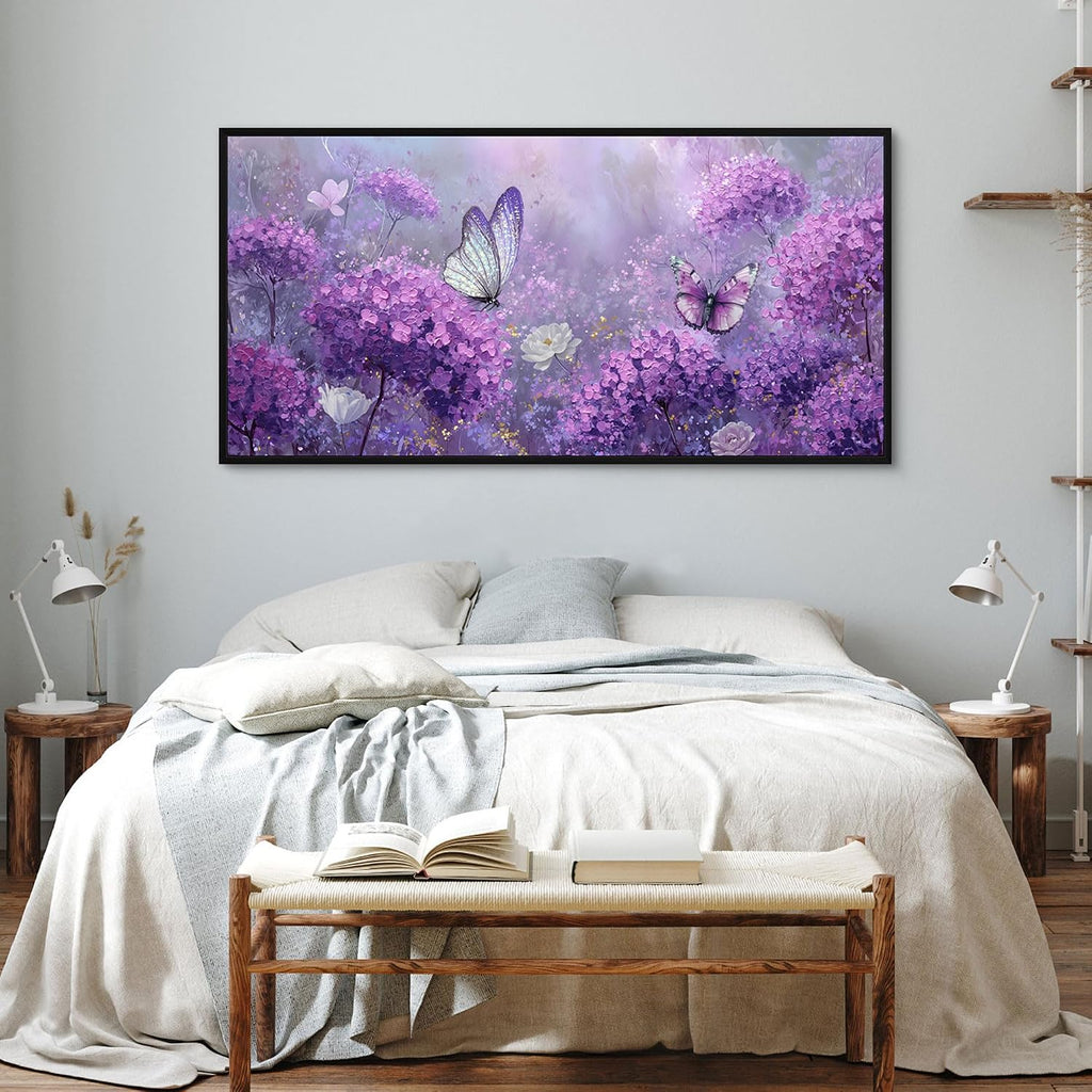 yiijeah Purple Wall Art Bedroom Canvas Lavender Bathroom Decor Butterfly Picture Items for Women Framed Artwork Print 48x24 Inches