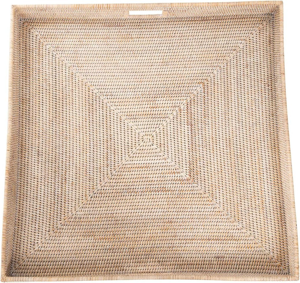 KOUBOO La Jolla Rattan Tray, Square Woven Tray - Decorative Coffee Table, Breakfast Tray, Home Decor Basket Style, Extra Large, White-Wash