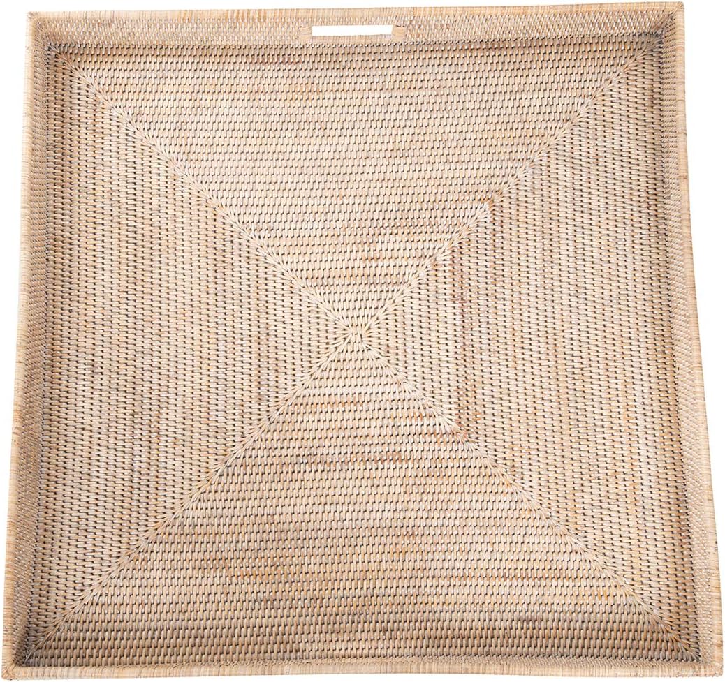 KOUBOO La Jolla Rattan Tray, Square Woven Tray - Decorative Coffee Table, Breakfast Tray, Home Decor Basket Style, Extra Large, White-Wash