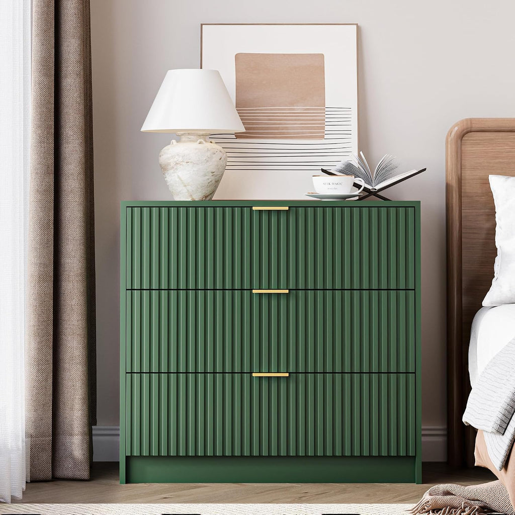 MAISONARIA Green Fluted Dresser for Bedroom, 32 Inch Wide Nightstand with Large Drawer, 3 Drawer End Table for Bedroom, Living Rooms, Offices, and Entryways