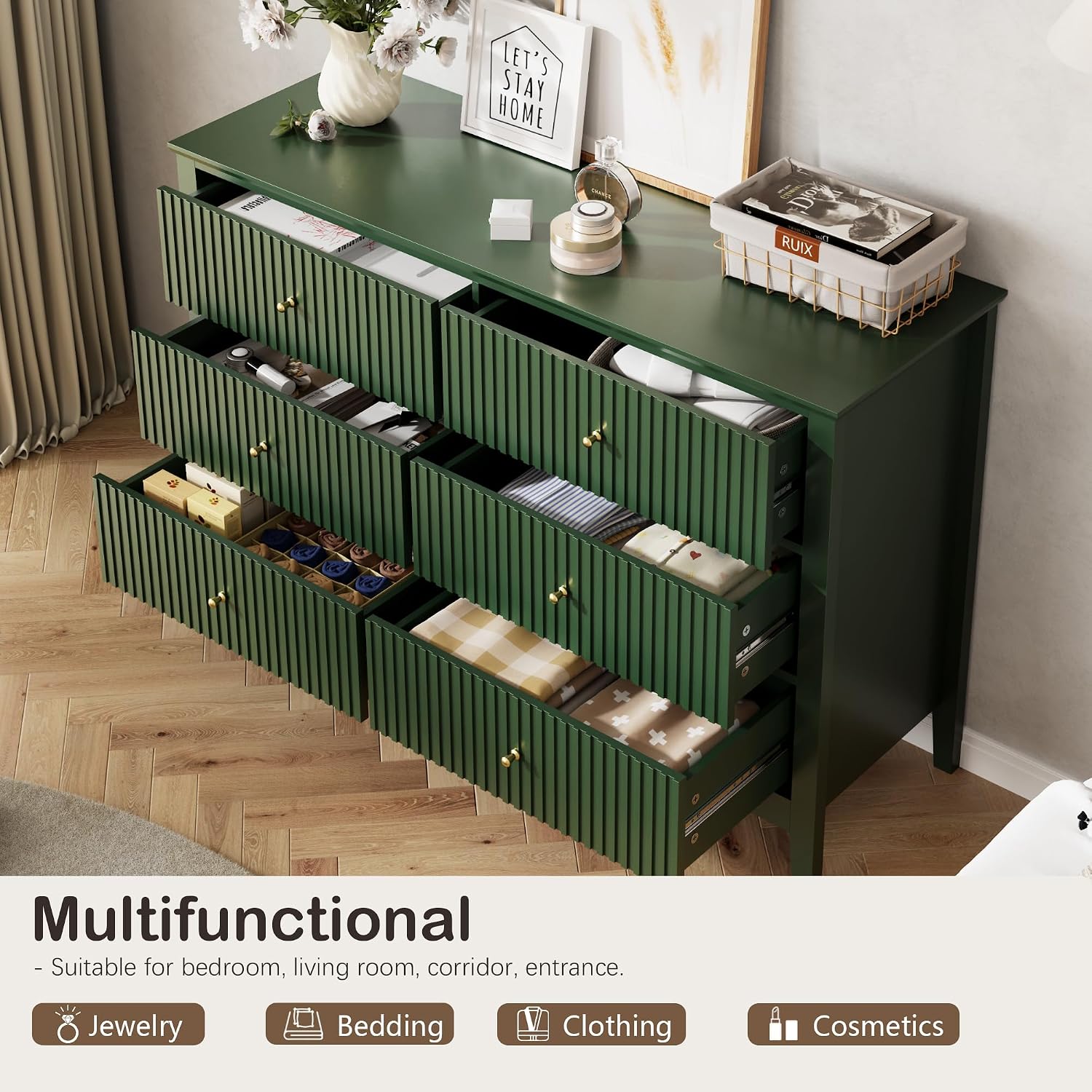 Green Dresser for Bedroom, 6 Drawers Fluted Chest of Drawers with Storage, Modern 47'' Wide Dresser with Paint Design, Wood Drawer Organizer Dressers for Entryway, Hallway