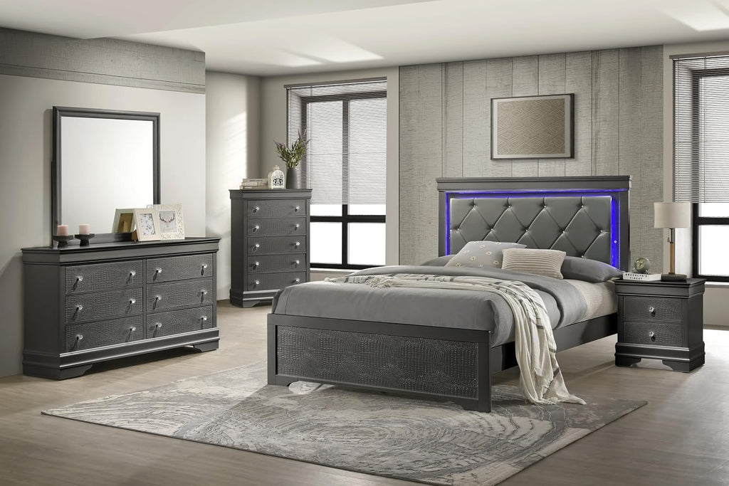 Upholstered 5 Pc Full Bedroom Set with LED Headboard Made with Wood in Metallic Gray KH65