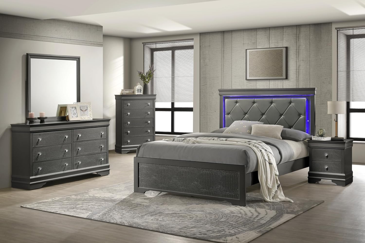 Upholstered 5 Pc Full Bedroom Set with LED Headboard Made with Wood in Metallic Gray