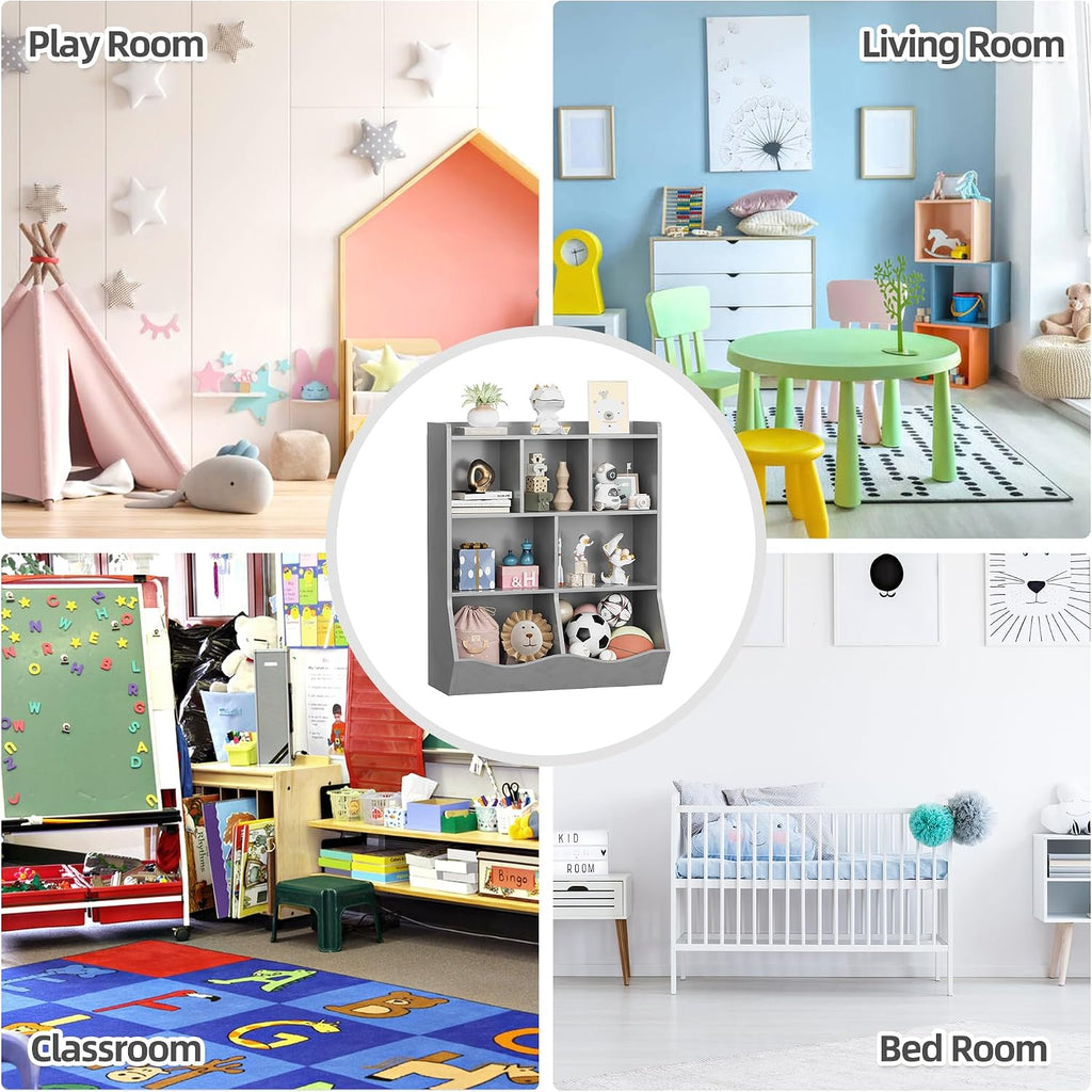 GarveeHome Grey Toy Storage Cabinet, Three-Tier Kids Bookshelf and Bookcase for Storage Books and Toys, Multi Shelf with Cubby Organizer for Bedroom and Playroom
