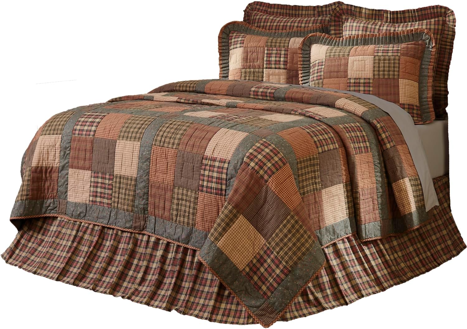 VHC Brands Crosswoods Patchwork Cotton Primitive Bedding Pre-Washed California King Quilt, Dark Olive Green