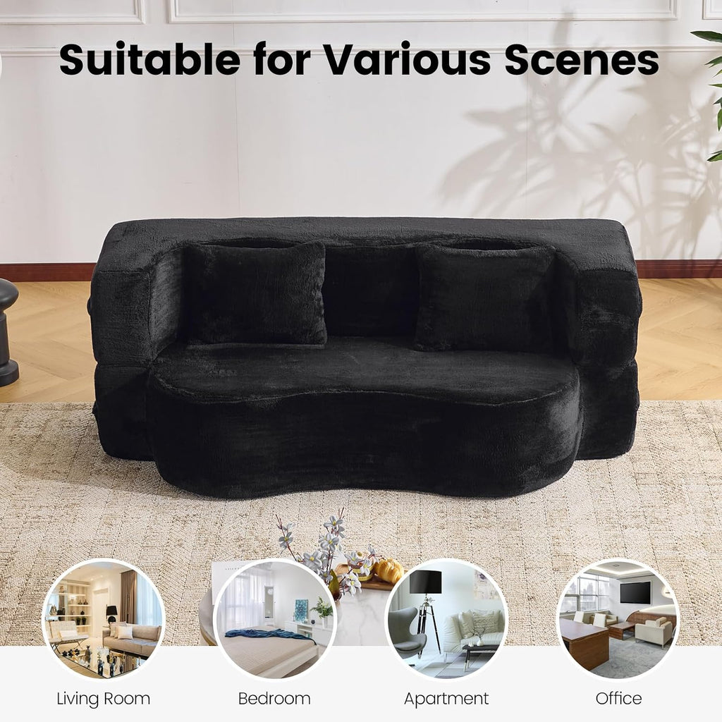 Convertible Folding Sofa Bed, 71' Single Size Loveseat Sleeper Sofa, Chenille Foldable Boneless Floor Couch with 4 Pillows for Guest Living Room Bedroom, No Assembly Required (Black)