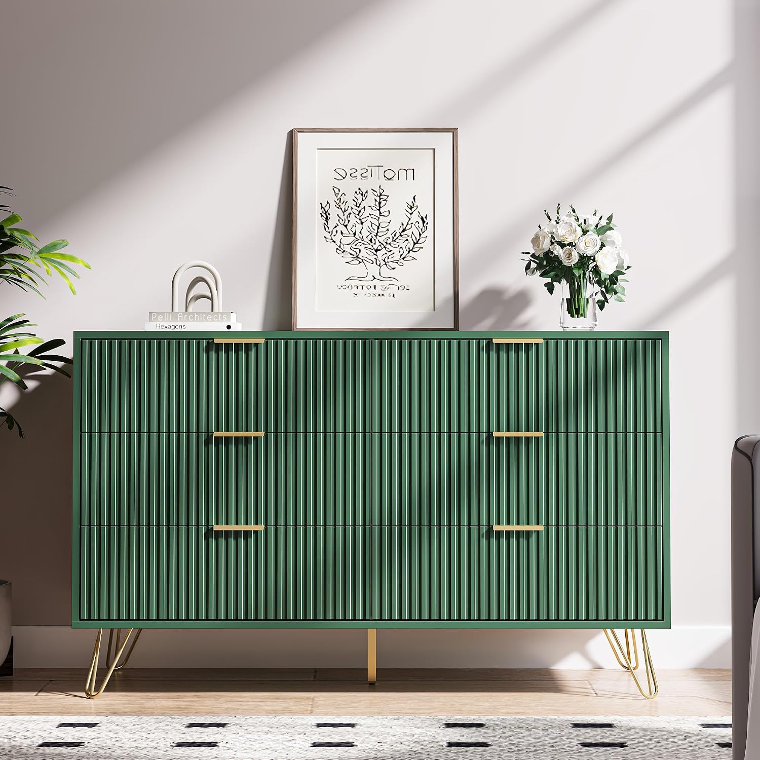 MAISONARIA Green Dresser for Bedroom, Modern Dresser with Gold Metal Handles & Chests of Drawers, Wood Chest of Drawers for Bedroom