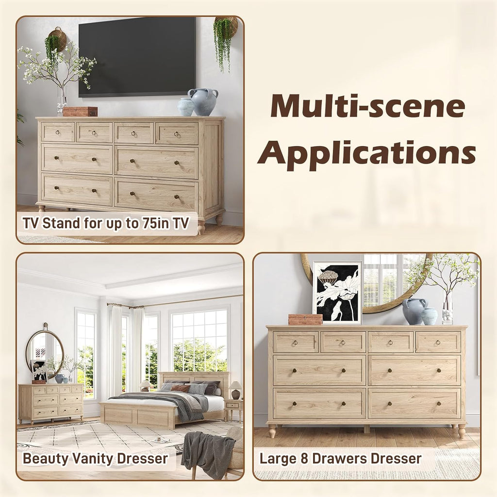 chartustriable 65inch Large Long Drawer Dresser w/Deep Drawers,Rustic Wood 8 Drawer Dresser with Large Capacity for Living Room,Wooden Chest of Drawers for Bedroom,Living Room,Entryway,Oak