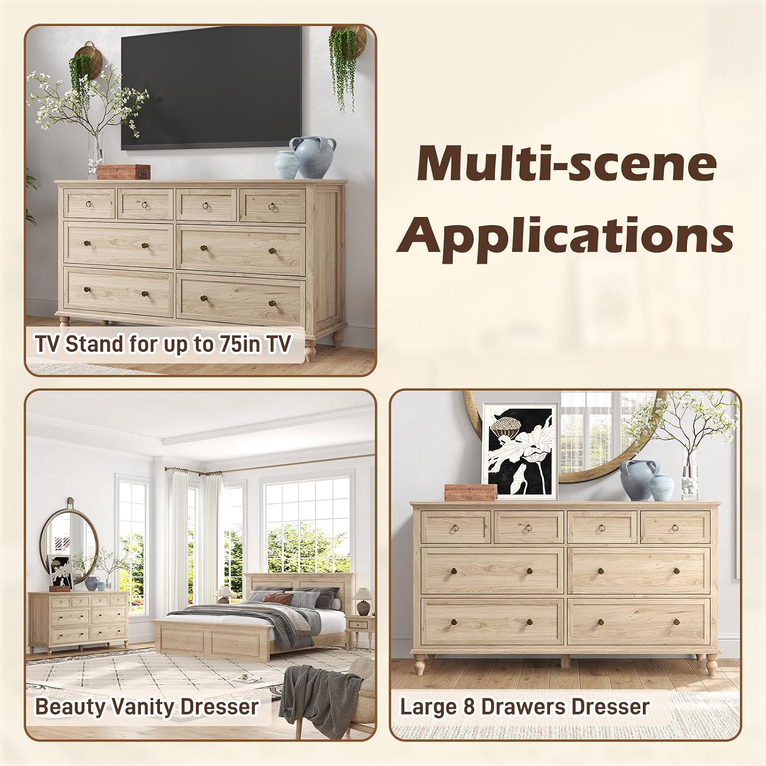 chartustriable 65inch Large Long Drawer Dresser w/Deep Drawers,Rustic Wood 8 Drawer Dresser with Large Capacity for Living Room,Wooden Chest of Drawers for Bedroom,Living Room,Entryway,Oak