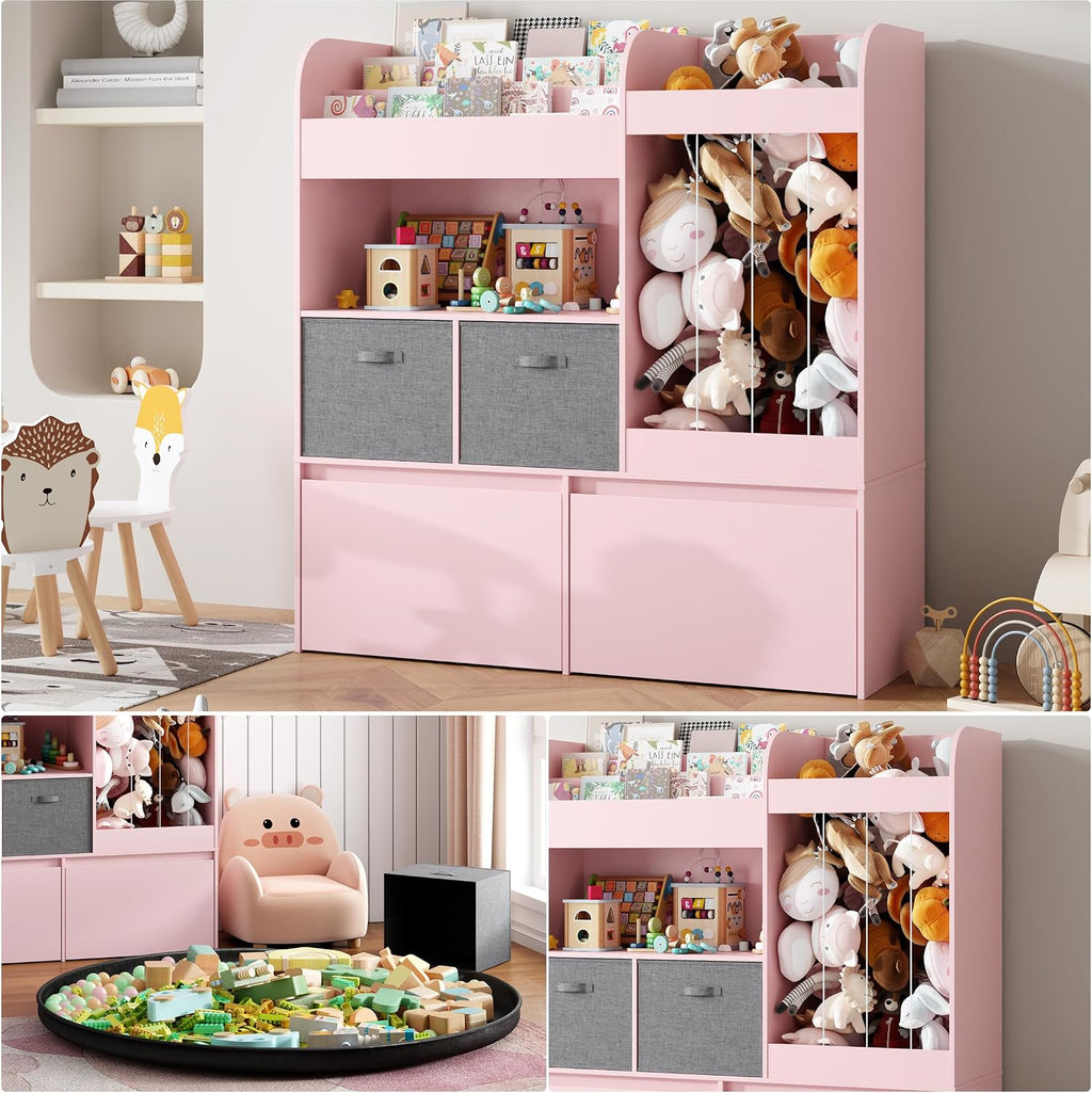 42.9'' Stuffed Animal Storage with Kids Bookshelf, Large Toy Storage with Toy Chest and Play Mat, Wooden Organization with 2 Movable Drawers, 3 Tier Bookshelf for Nursery Kids Room Playroom,Pink