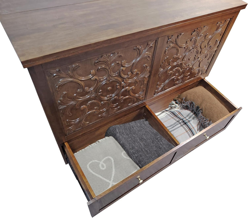 Mega Solutions Notturno Murphy Cabinet Bed Queen 8 inch Save Space in Style with Elegant Chestnut Wood Finish Charging Station - Guest Room or Small Apartment Must-Have