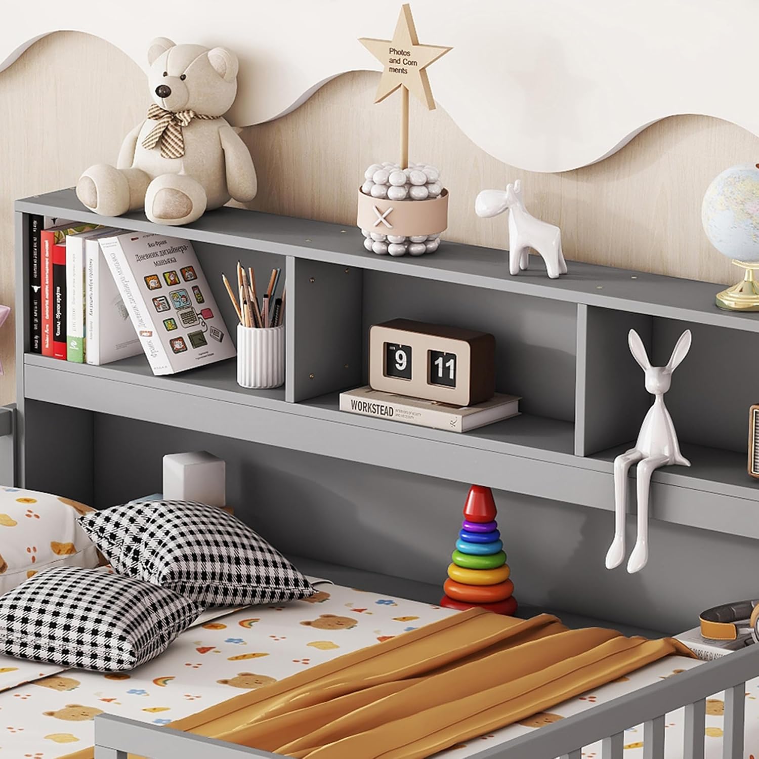 Bellemave Kids Montessori Floor Bed,Full Size Floor Bed with Bookcase and Shelves,Full Bed Frame with Guardrails for Kids,Girls,Boys,Full,Gray