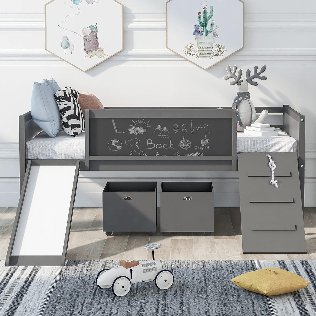 JIVOIT Twin Size Low Loft Bed with Climbing Frame & Rope, Wood Loft Bed Frame with Two Storage Boxes, Slide and Double-Sided Chalkboard, Pine Wood Bed Frame for Kids Teens (Gray+Rope)