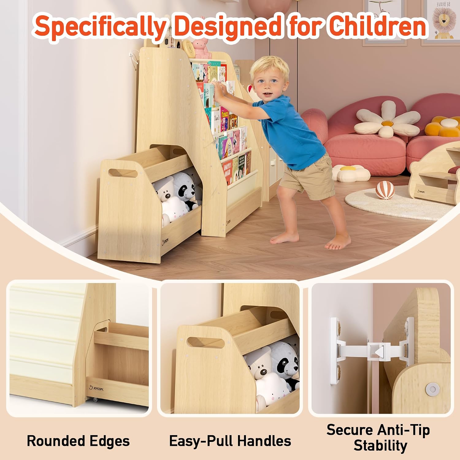 JOYCOPY- 2-in-1 Bookcase Set 5-Tier Kids Bookshelf and Toy Storage with Rolling Book cart, Hideable Storage for Nursery, Playroom, Classroom, Nature