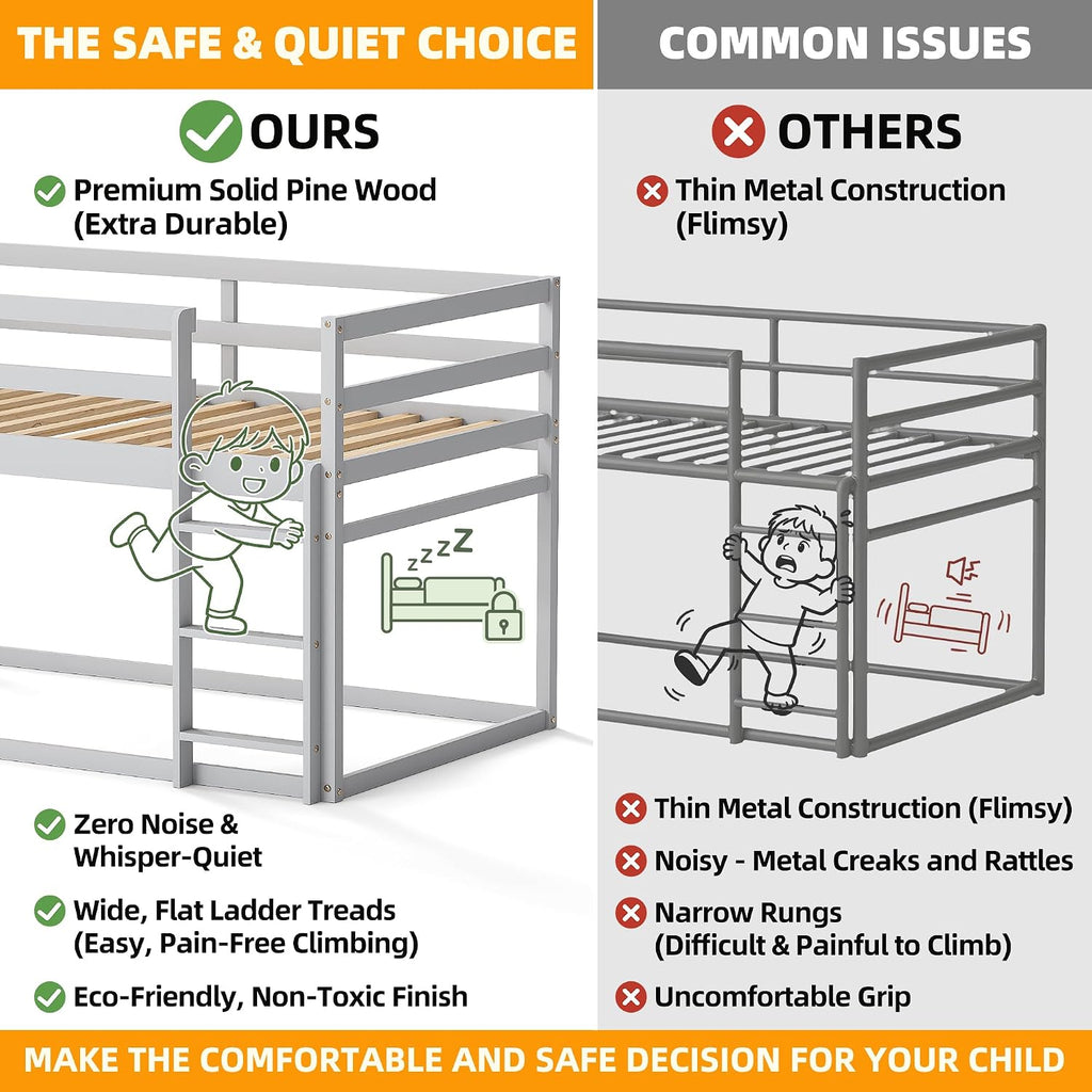 TOLEAD Low Bunk Bed Twin Over Twin, Floor Bunk Bed with Ladder, Twin Bunk Bed with Full Guardrails, Wooden Bunk Bed for Juniors, Boys, Girls, Kids, Bedrooms (Grey)