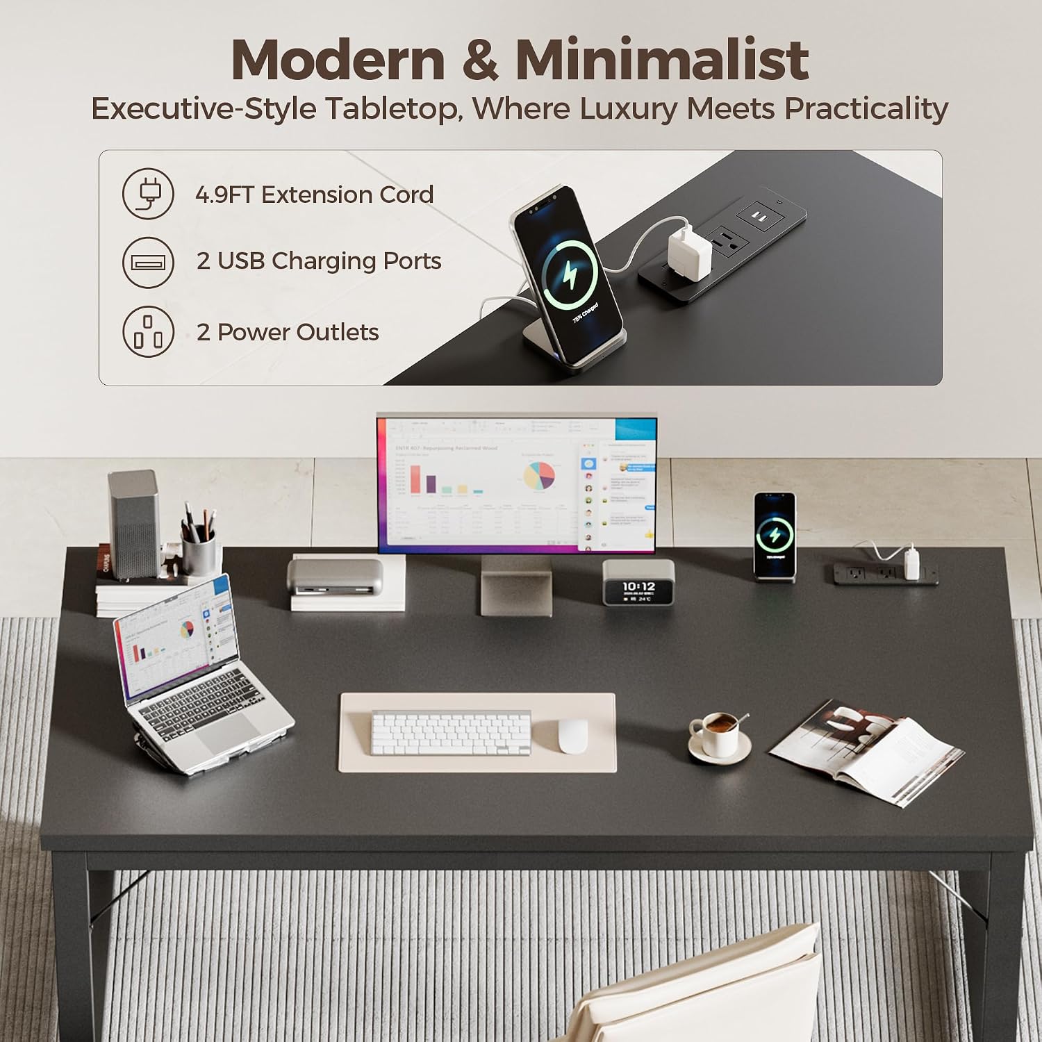 Mericonia 54 Inch Computer Desk with Power Outlets, 1.2' Thick Heavy Duty Industrial Office Desk, Modern Simple Study Writing Table for Home Office Bedroom Workstation, Black
