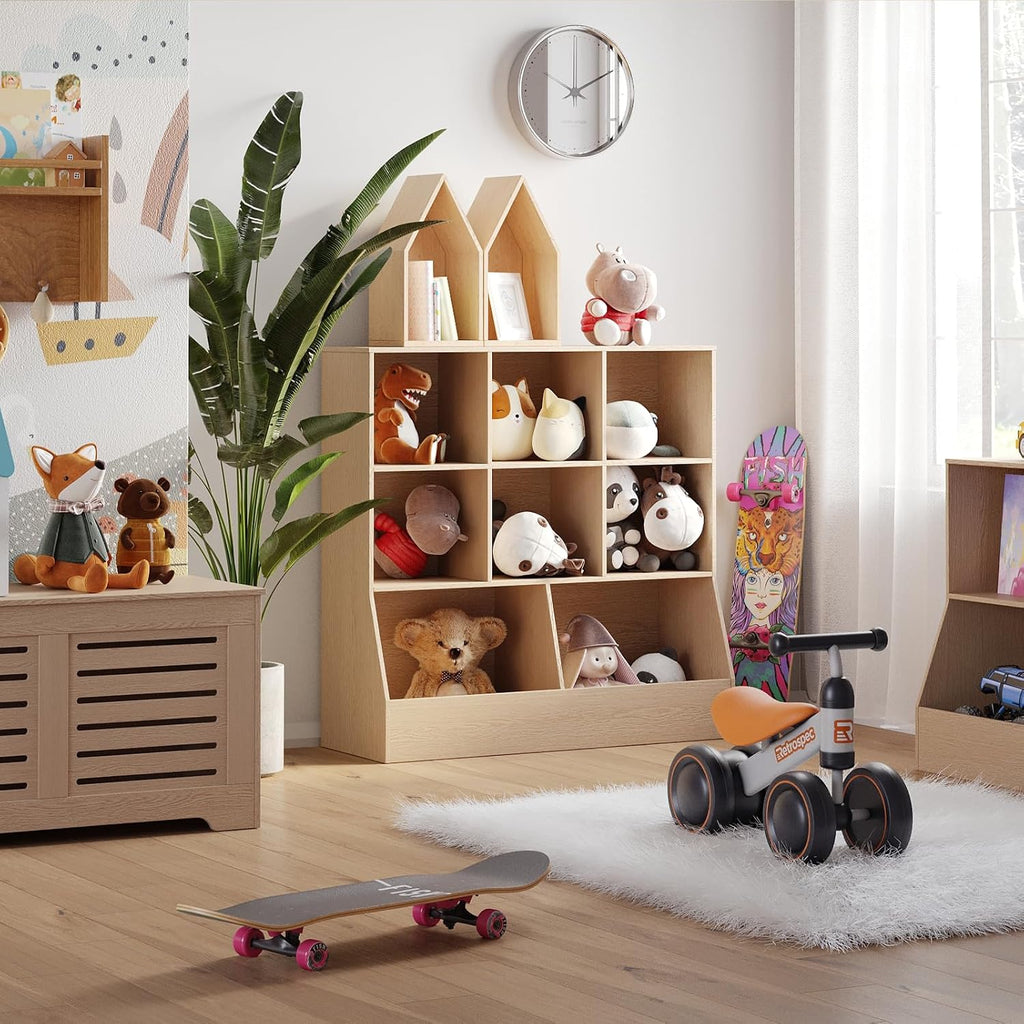DINZI LVJ Toy Storage Organizer, Kids Bookshelf, Wood Toy Storage Cabinet, 3-Tier 8 Cubby Children Bookcase, 39.4' L Toddler Book Shelf for Playroom, Living Room, Nursery, Hallway, Classroom, Natural