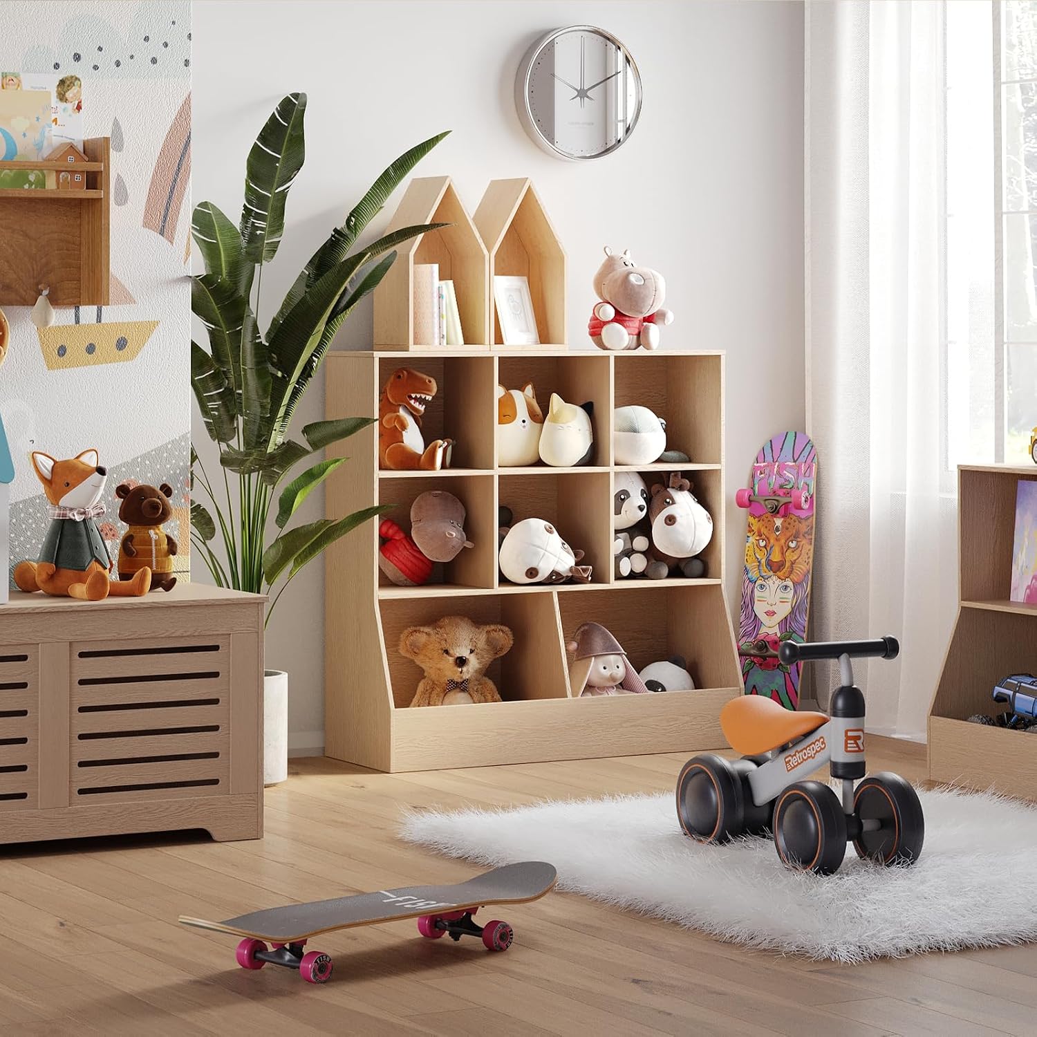 DINZI LVJ Toy Storage Organizer, Kids Bookshelf, Wood Toy Storage Cabinet, 3-Tier 8 Cubby Children Bookcase, 39.4' L Toddler Book Shelf for Playroom, Living Room, Nursery, Hallway, Classroom, Natural