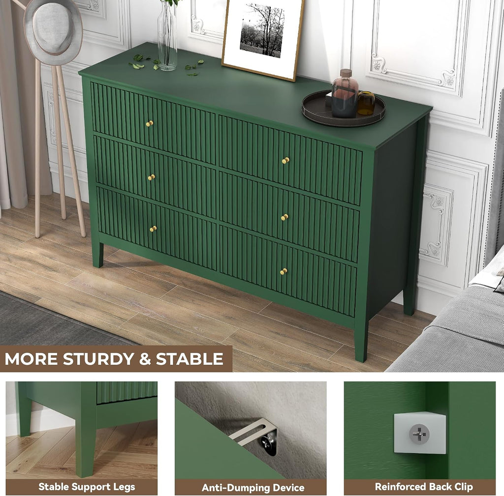 Green Dresser for Bedroom, 6 Drawers Fluted Chest of Drawers with Storage, Modern 47'' Wide Dresser with Paint Design, Wood Drawer Organizer Dressers for Entryway, Hallway