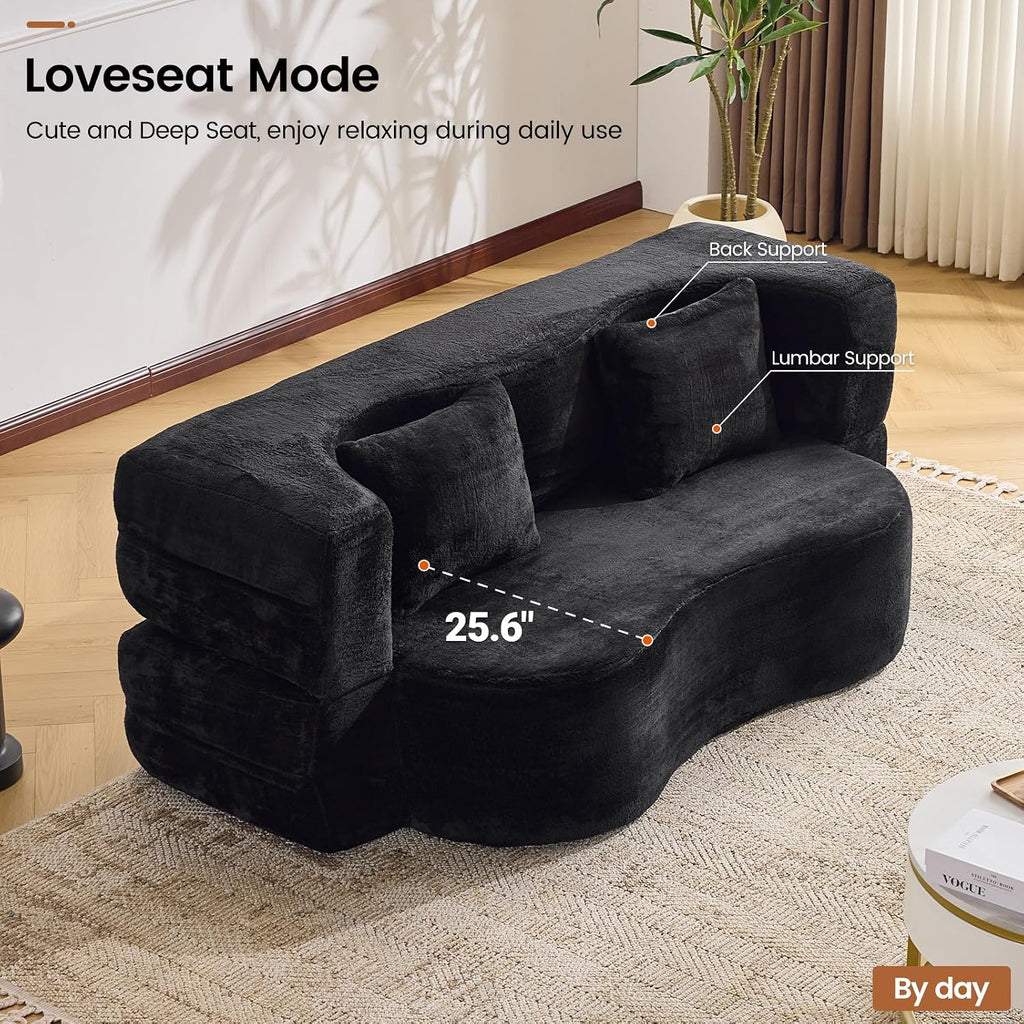 Convertible Folding Sofa Bed, 71' Single Size Loveseat Sleeper Sofa, Chenille Foldable Boneless Floor Couch with 4 Pillows for Guest Living Room Bedroom, No Assembly Required (Black)