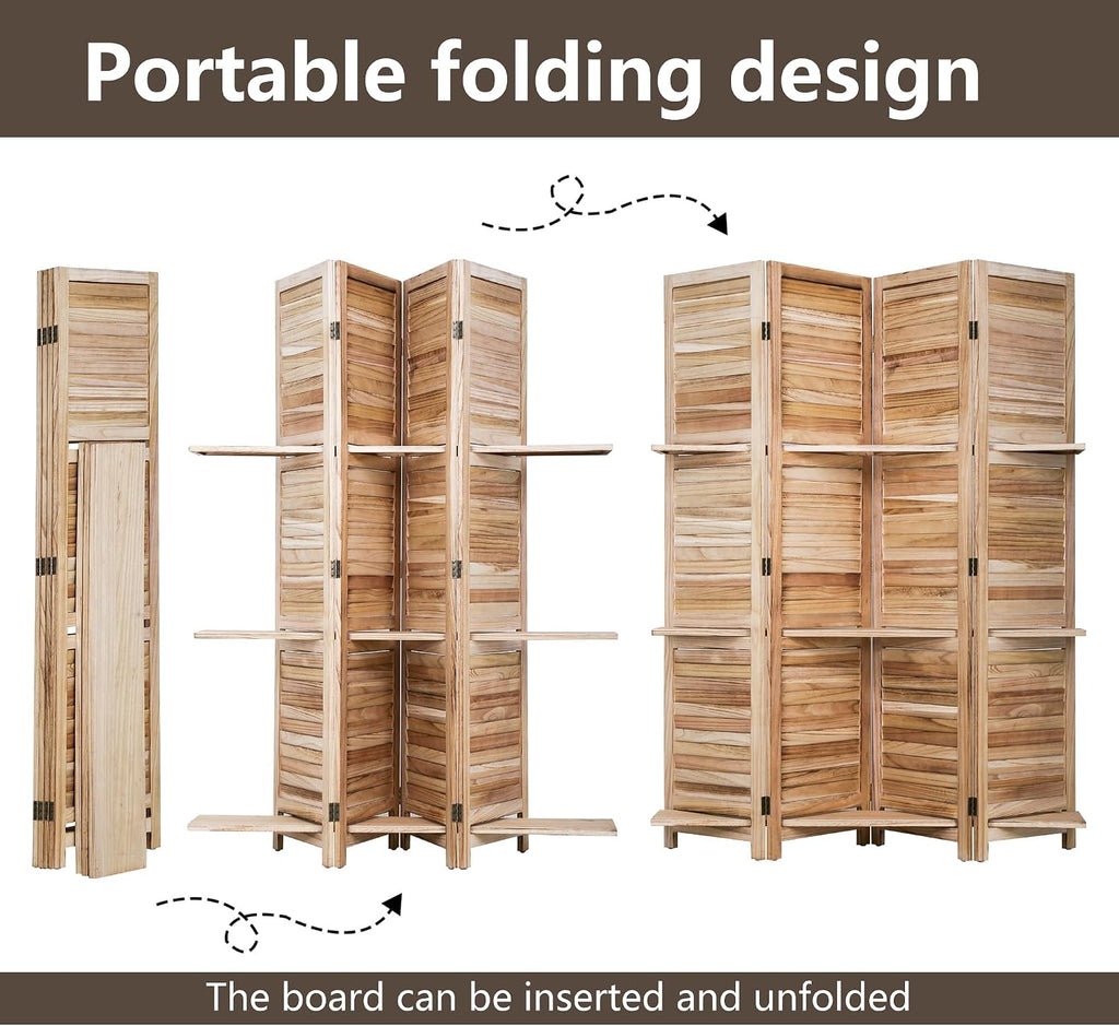 FDW 4 Panel Room Divider Folding Privacy Wooden Screen with Three Clever Shelf Portable Partition Wood Divider for Home Office, Natural Wood