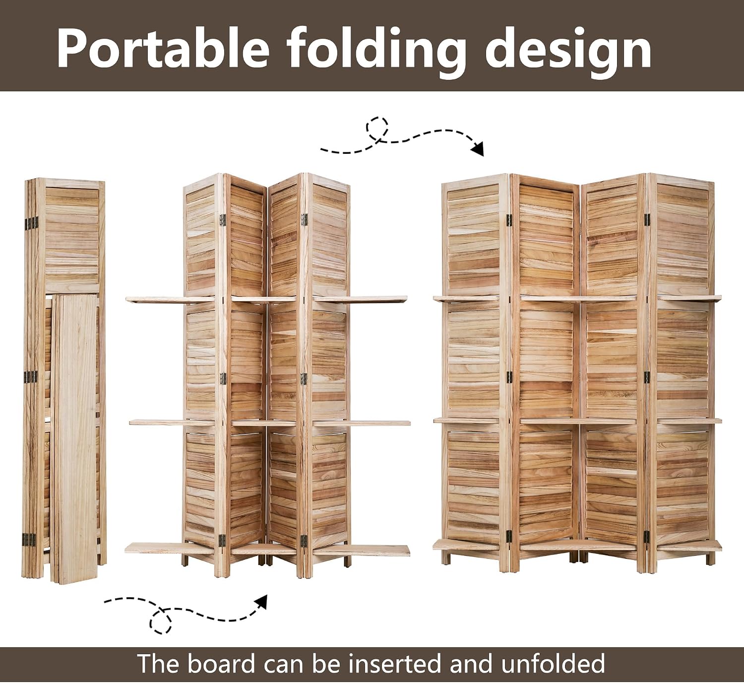 FDW 4 Panel Room Divider Folding Privacy Wooden Screen with Three Clever Shelf Portable Partition Wood Divider for Home Office, Natural Wood