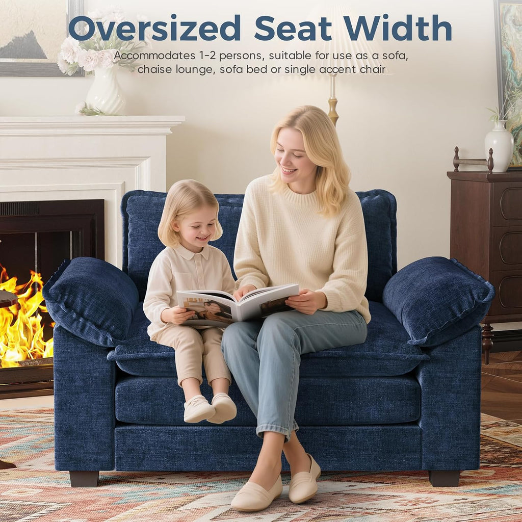 HUSFU 49.5'' W Oversized Accent Chair, Chenille Cloud Sofa Chair with Deep Seat and Extra Wide Armrests, Comfy Reading Armchair for Bedroom, Living Room, Set of 2, Blue