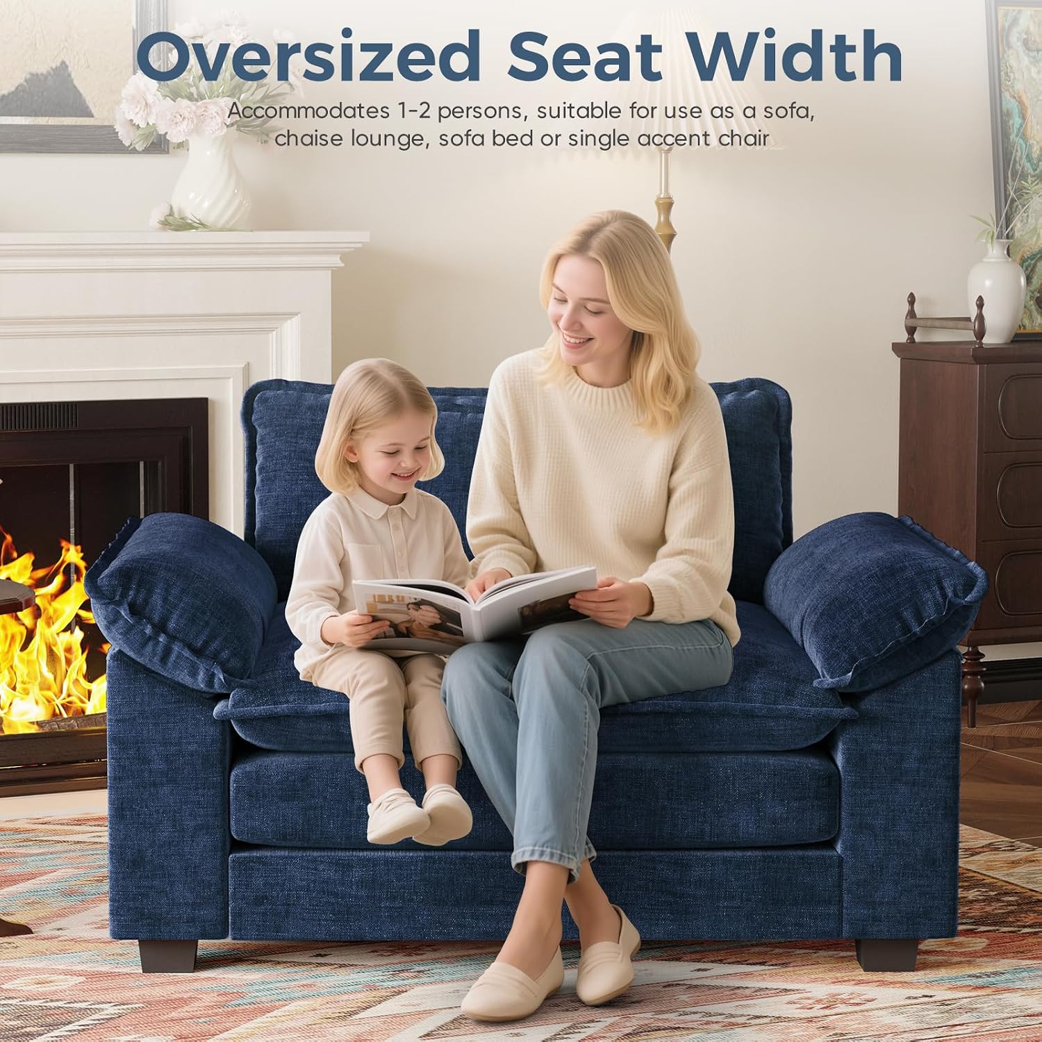 HUSFU 49.5'' W Oversized Accent Chair, Chenille Cloud Sofa Chair with Deep Seat and Extra Wide Armrests, Comfy Reading Armchair for Bedroom, Living Room, Set of 2, Blue