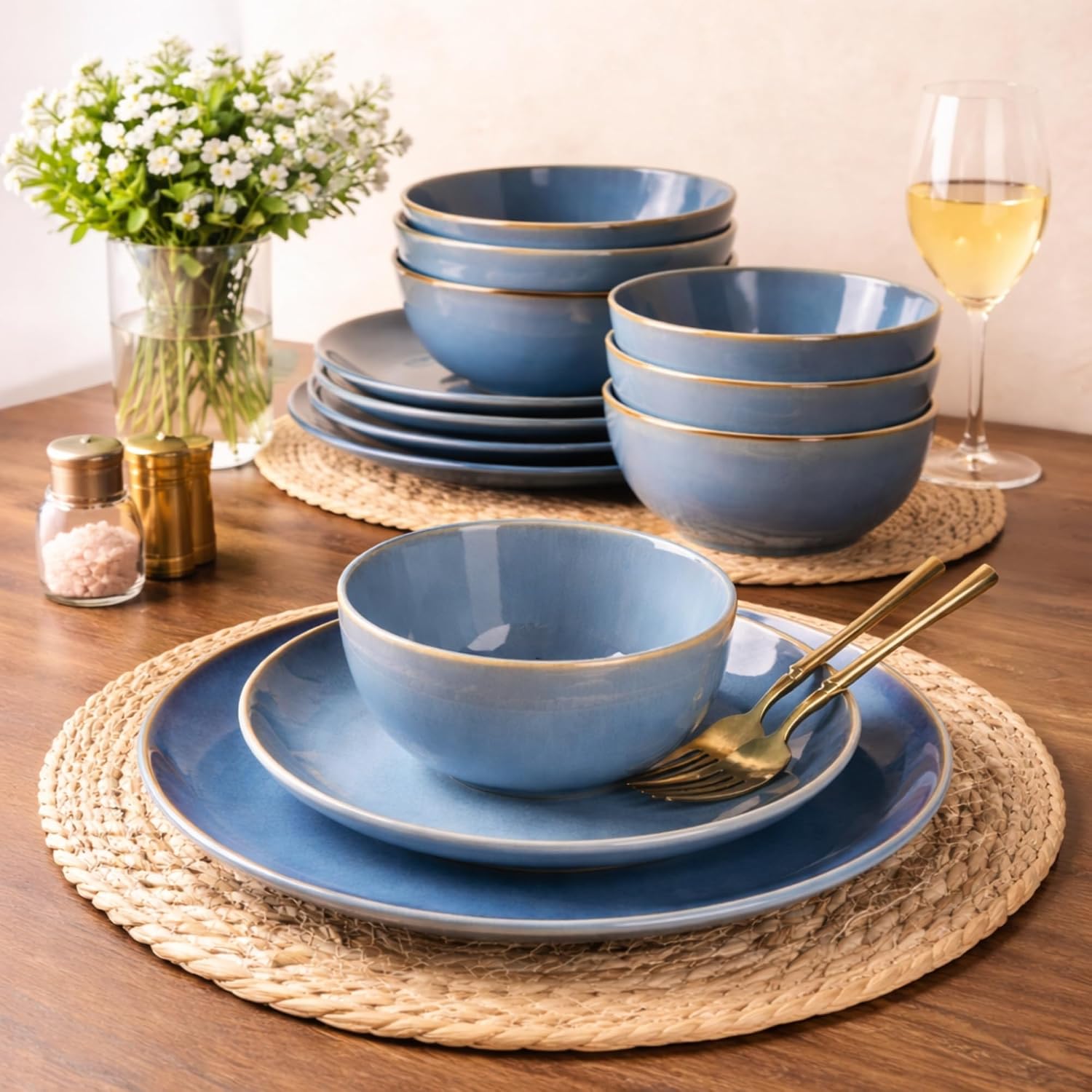 GBHOME Dinnerware Sets with Double Bowls for 6, 24 Pieces Stoneware Plates and Bowls Set, Scratch Resistant Ceramic Dishes Set, Dishwasher & Microwave Safe-Alaskan Blue