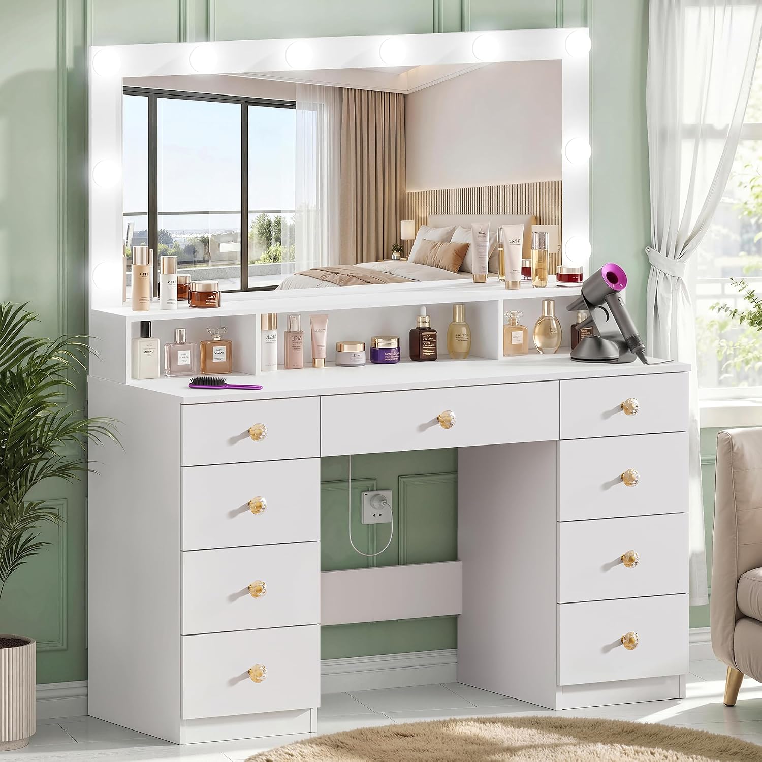 Vanity Desk with Mirror and Lights, Makeup Vanity Table with Power Outlet, 9 Drawers & Storage Shelf, Bedroom Dressing Table Vanity Set for Girls, Women, White (39.3' Large Mirror)