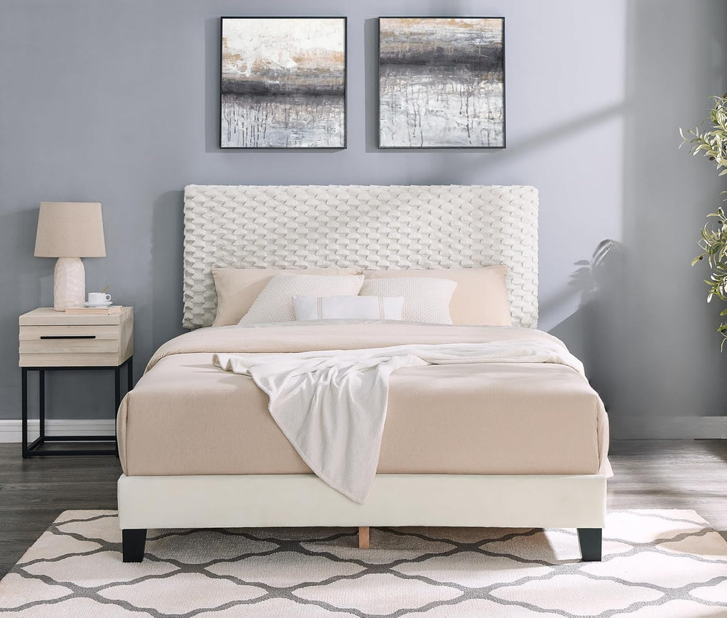 2-Piece Bedroom Set, Plush 3D Upholstered Bed with Nightstand, Full