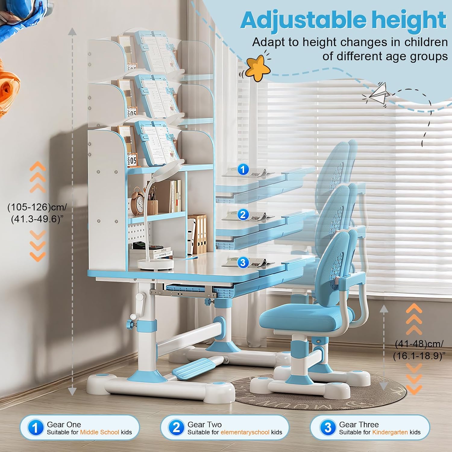 Kids Functional Desk and Chair Set – Ergonomic Height Adjustable Art Desk with One-Touch Tilting Desktop, Book Stand, Reading Rack & Storage Drawer for Children Boys & Girls (013-Blue)