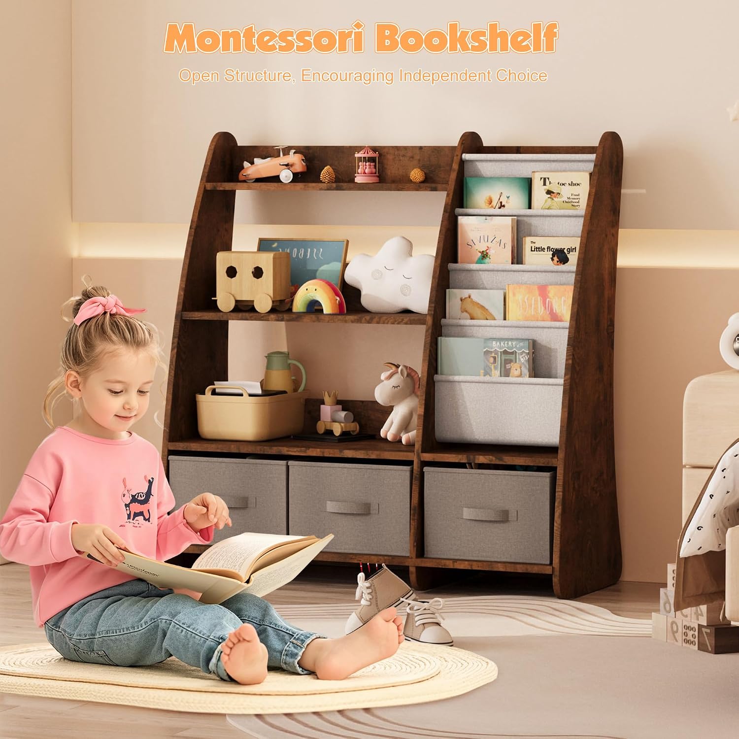 NACHES Kids Bookshelf and Toy Storage Organizer, Montessori Nursery Book Shelves with Sling Rack & Fabric Toy Bins, Toddler Baby Bookcase, Wooden Toy Shelf for Kids Room, Playroom, Sail-Rustic Brown