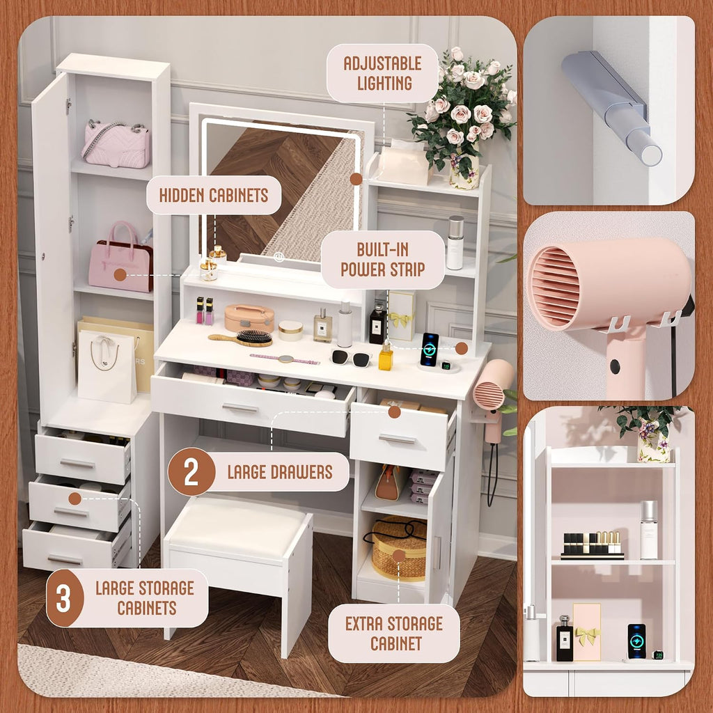 INTERGREAT Makeup Vanity with Lights and Mirror, White Vanity Desk, Dressing Table with Large Drawers, 3 Lighting Modes, Full Length Mirror, Bedroom