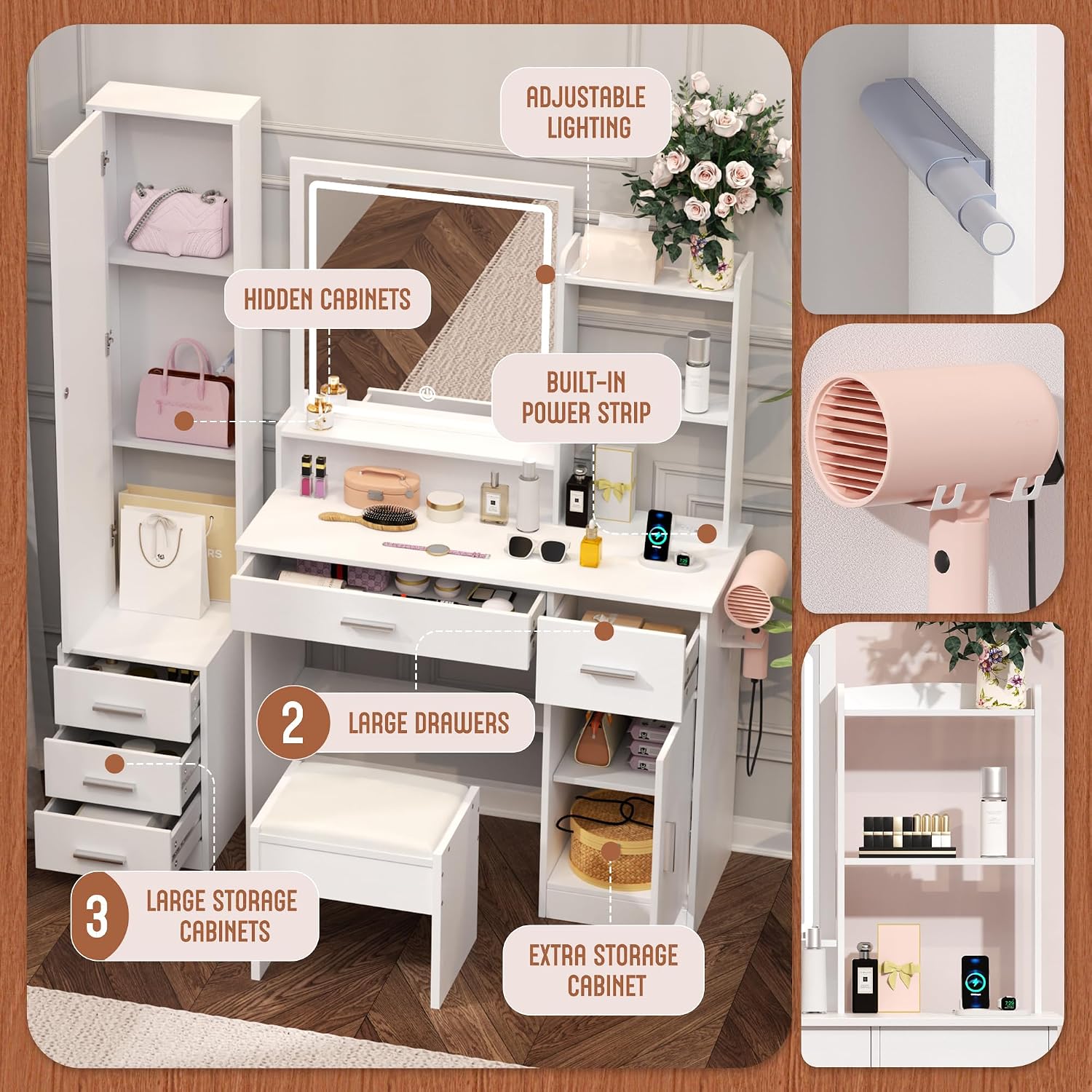 INTERGREAT Makeup Vanity with Lights and Mirror, White Vanity Desk, Dressing Table with Large Drawers, 3 Lighting Modes, Full Length Mirror, Bedroom