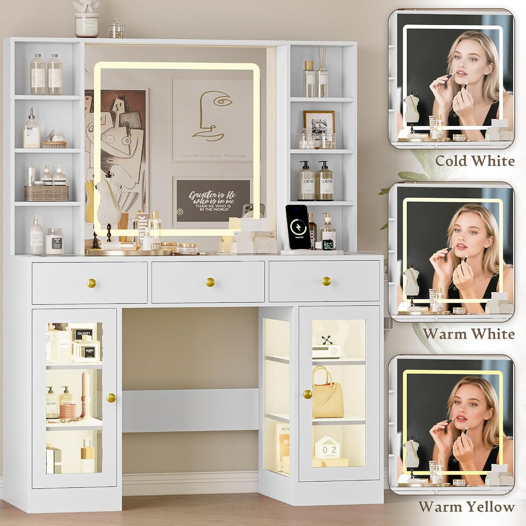 Makeup Vanity Desk with Mirror and Lights, 43' White Vanity with Glass Top, Jewelry Storage, 3 Drawers & Glass Cabinets, Power Outlet & Adjustable LED Lights, Dressing Table for Women & Girls Bedroom