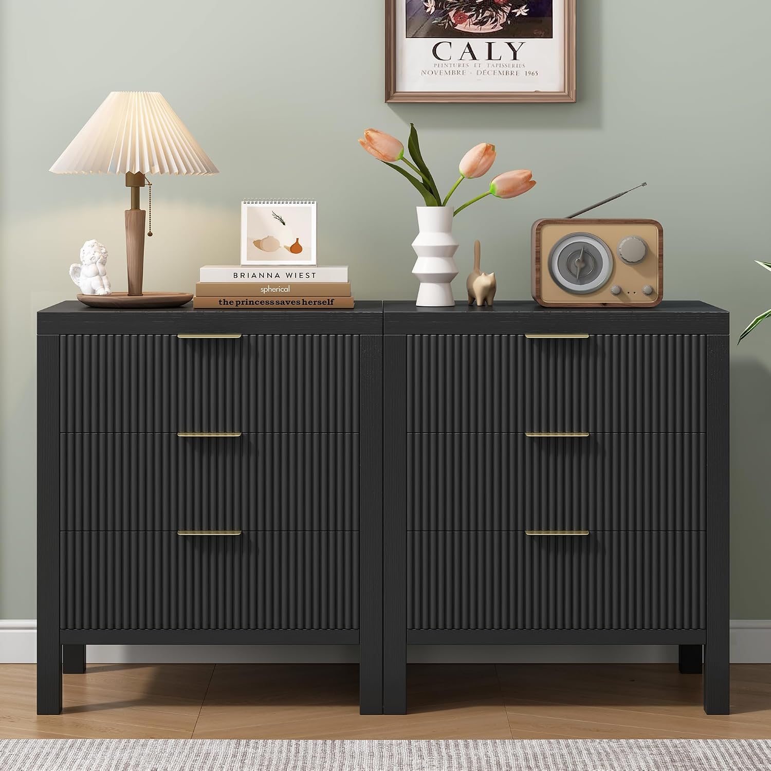 Nightstand with 3 Drawers, Dresser and Nightstand Sets, Bedside Tables, Mid Century Nightstands with 3 Wide Drawers for Bedroom, Kids' Room, Hallway - Black