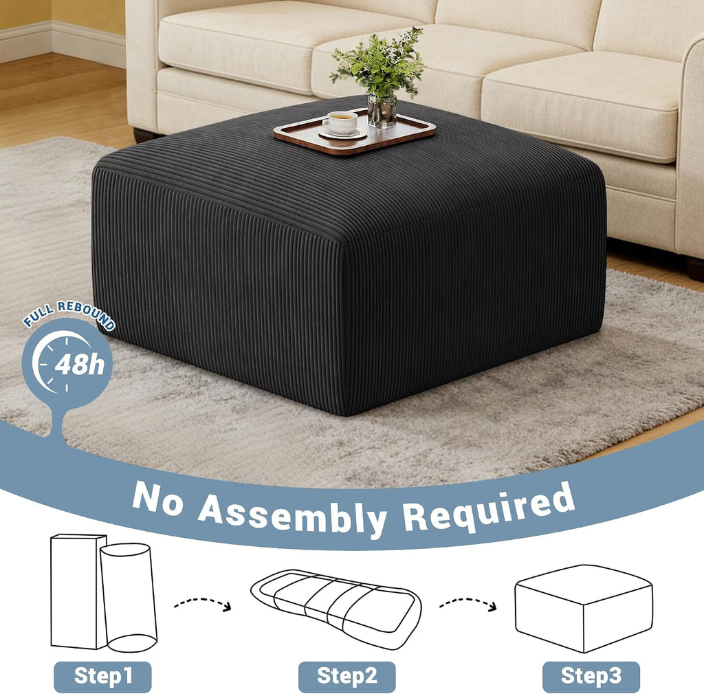 40' Oversized Square Corduroy Ottoman Pouf - Poofy Soft Foot Rest with Foam Chunk Filling, Movable Large Ottoman Pouf Footstool for Living Room Sofa Couch Bedroom, Black(1 Piece)