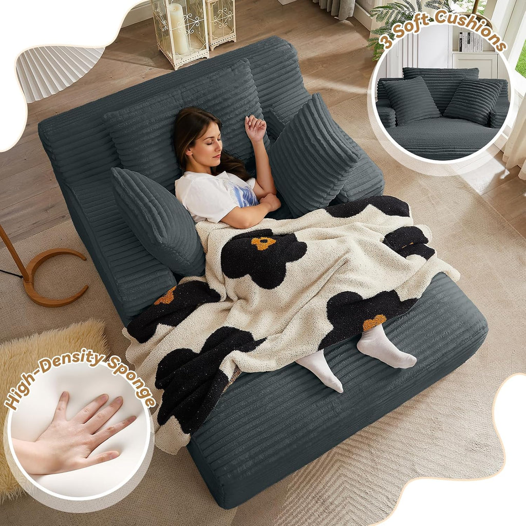 Oversized Chaise Lounge Chair Indoor, 66' Cloud Boneless Sleeper Couch Corduroy Upholstered Sofa Bed Deep Seat Comfy Reading Chair with 3 Pillows for Living Room Bedroom, Dark Grey